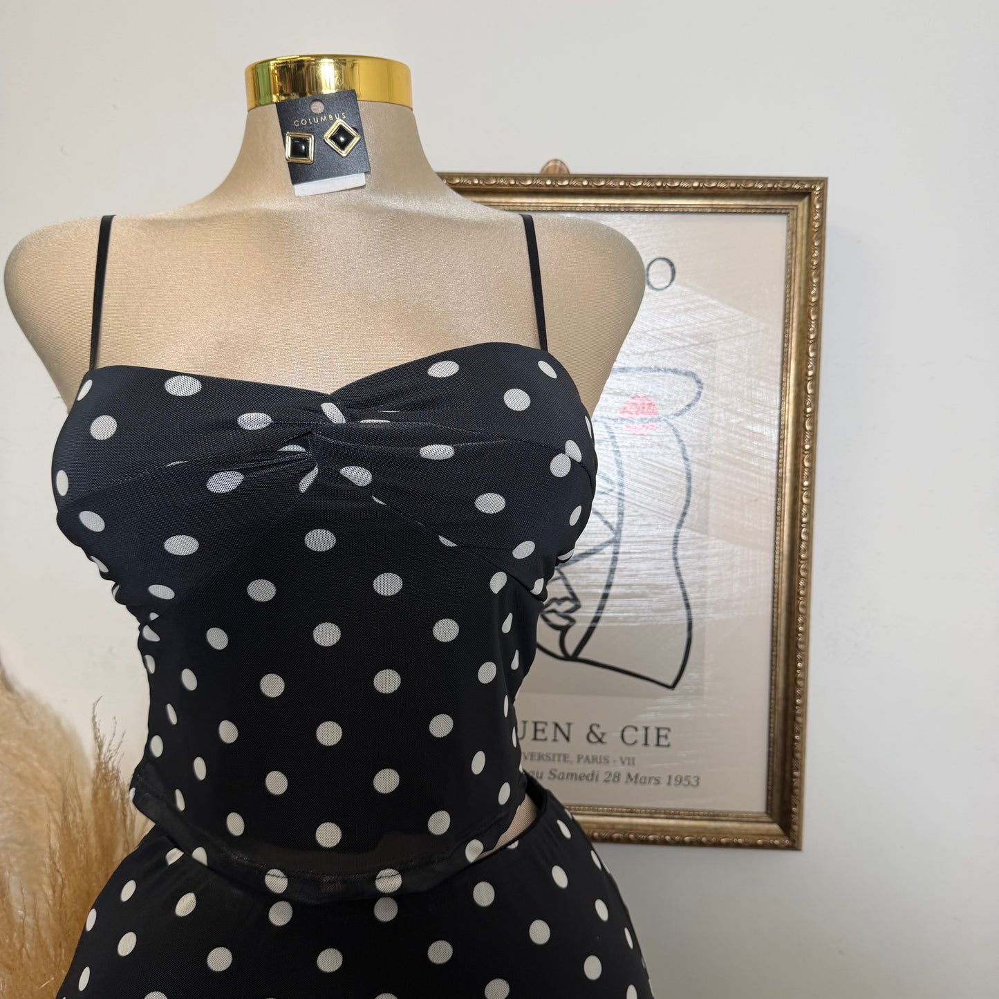 Polka DoT Mesh Print Twist Cami Top & Slit Maxi Skirt-White/Black