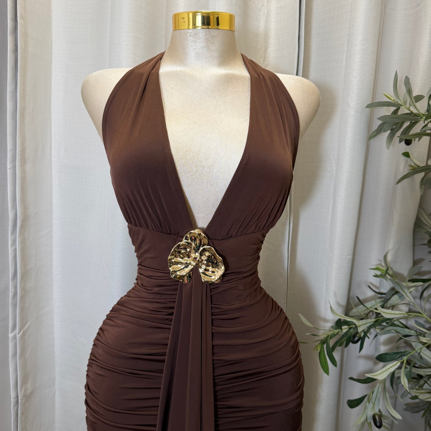 Orchid Halter Ruched front panel Mini Dress-Brown
