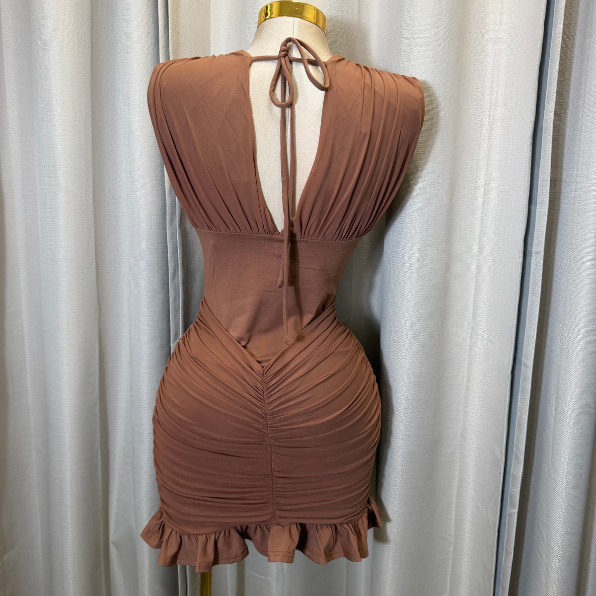 V-Neck Ruffle Mini Dress-Brown