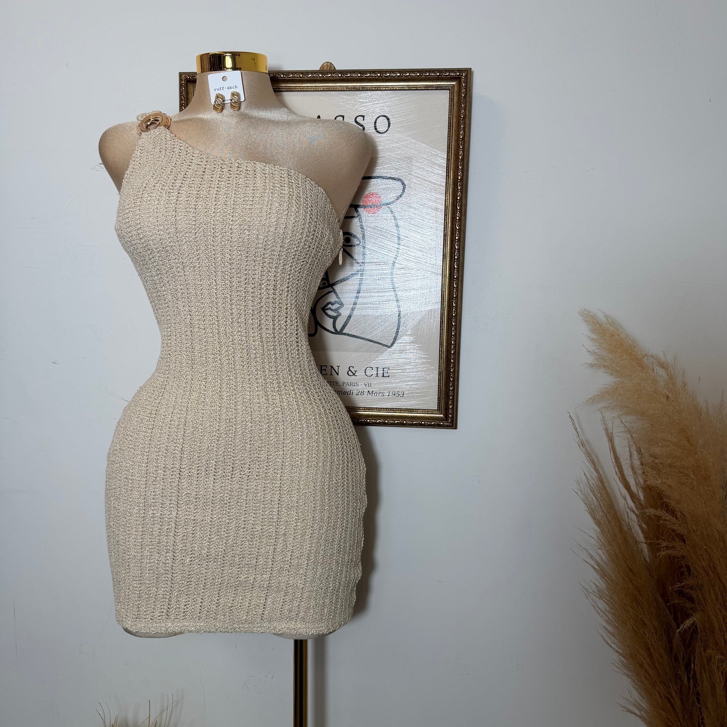 One shoulder Metallic Crochet Knit Mini Dress-Natural