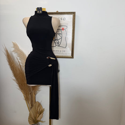 Mock Neck Front Sash With Trim Detail Mini Dress-Black (Copy)