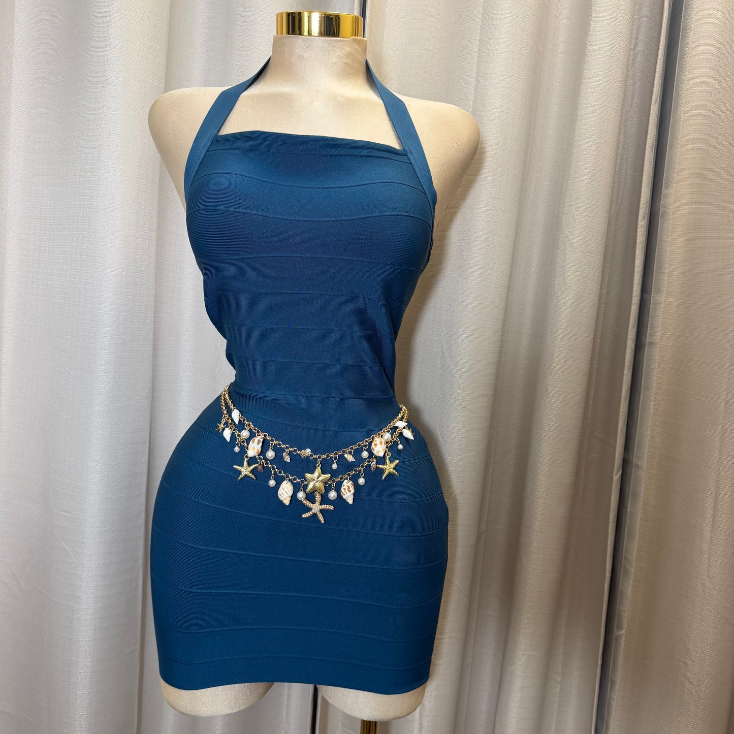 Sleeveless Halter Bandage Mini Dress-Teal