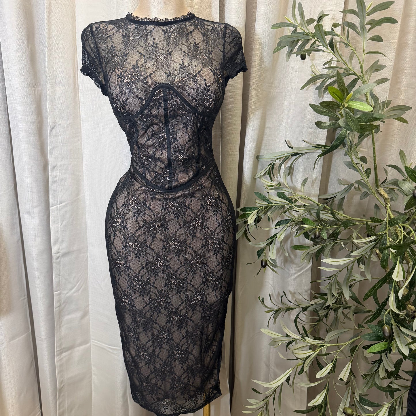 Lace Short Sleeve Midi Dress-Black