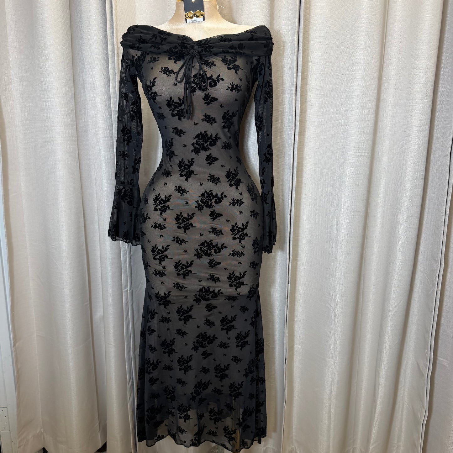 Flocked Long Sleeve Mesh off shoulder maxi Dress-Black/Nude