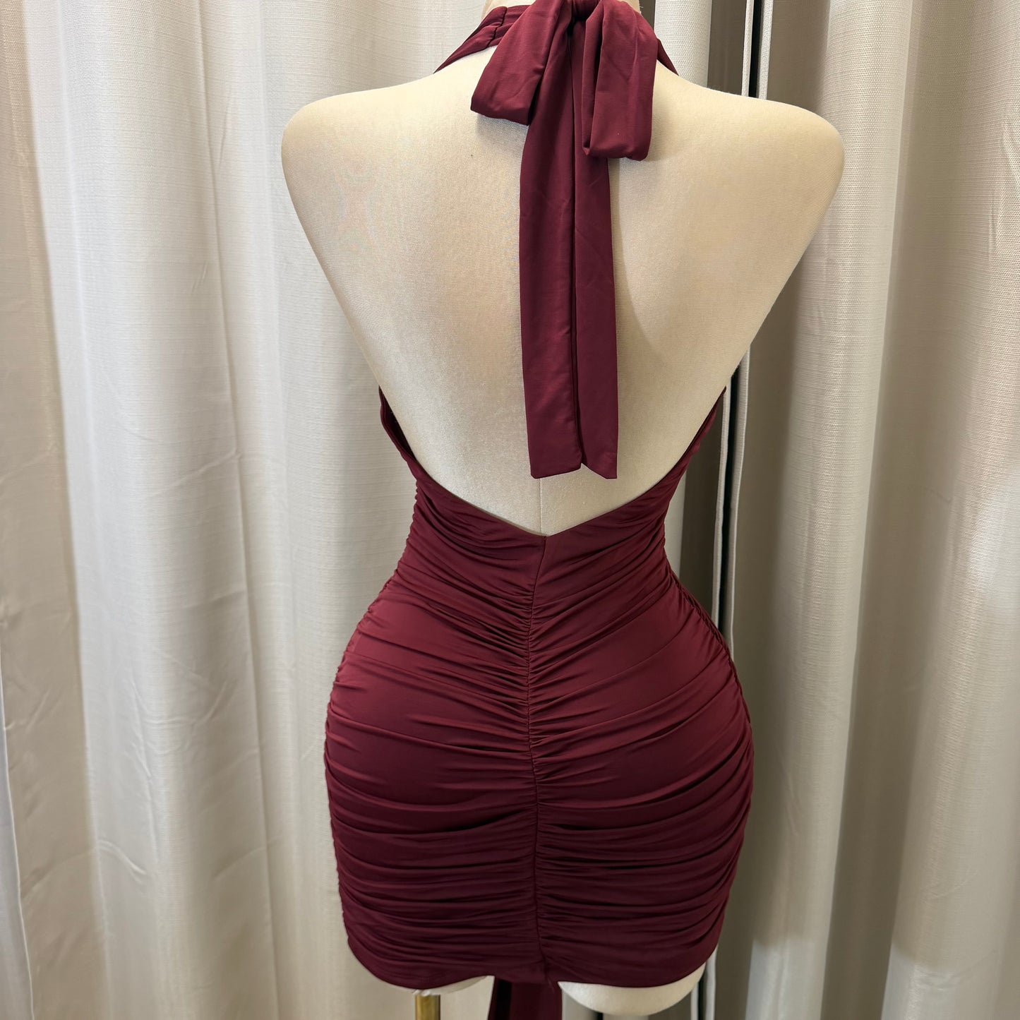 Orchid Halter Ruched front panel Mini Dress-Burgundy