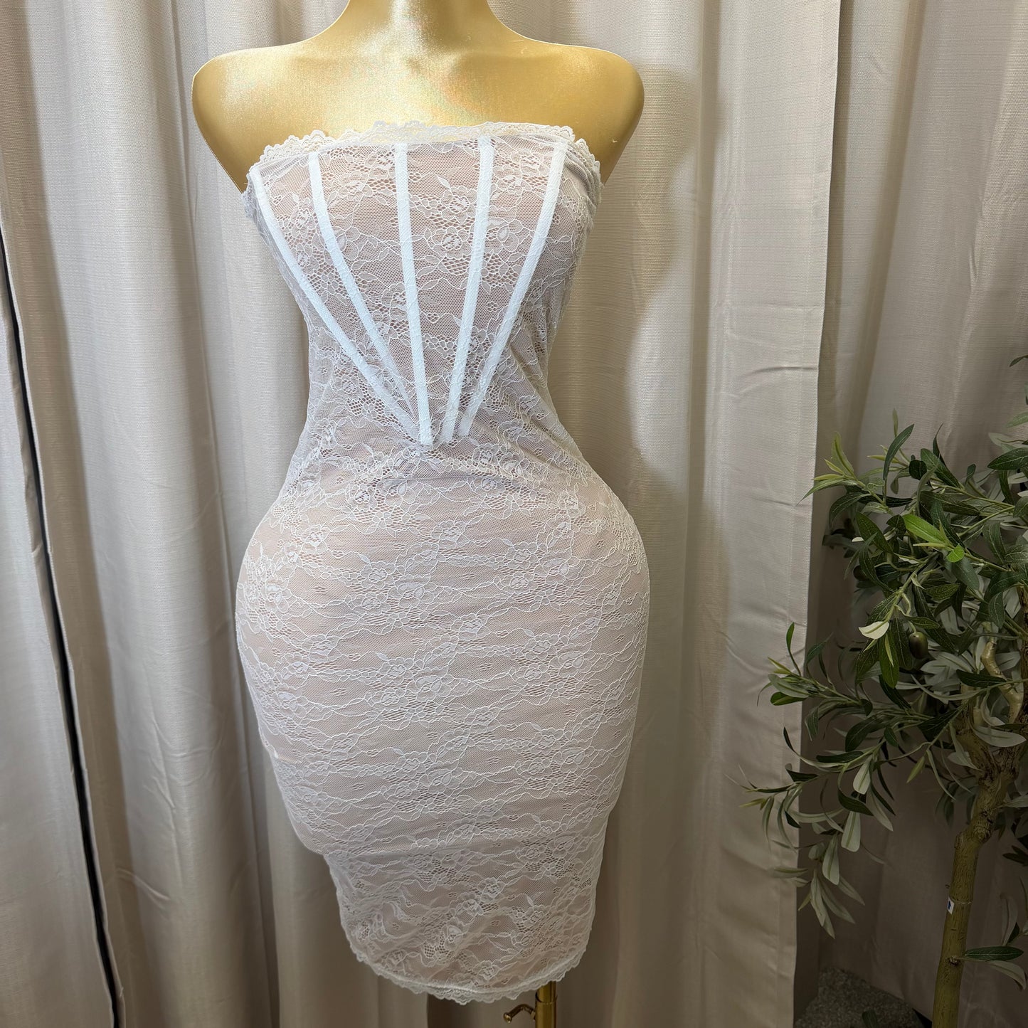 Stretch Lace Corset Body Midi Dress-Ivory