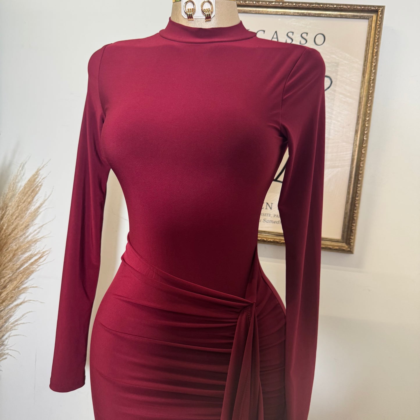 Mock Neck Ruffle Midi Dress-Wine