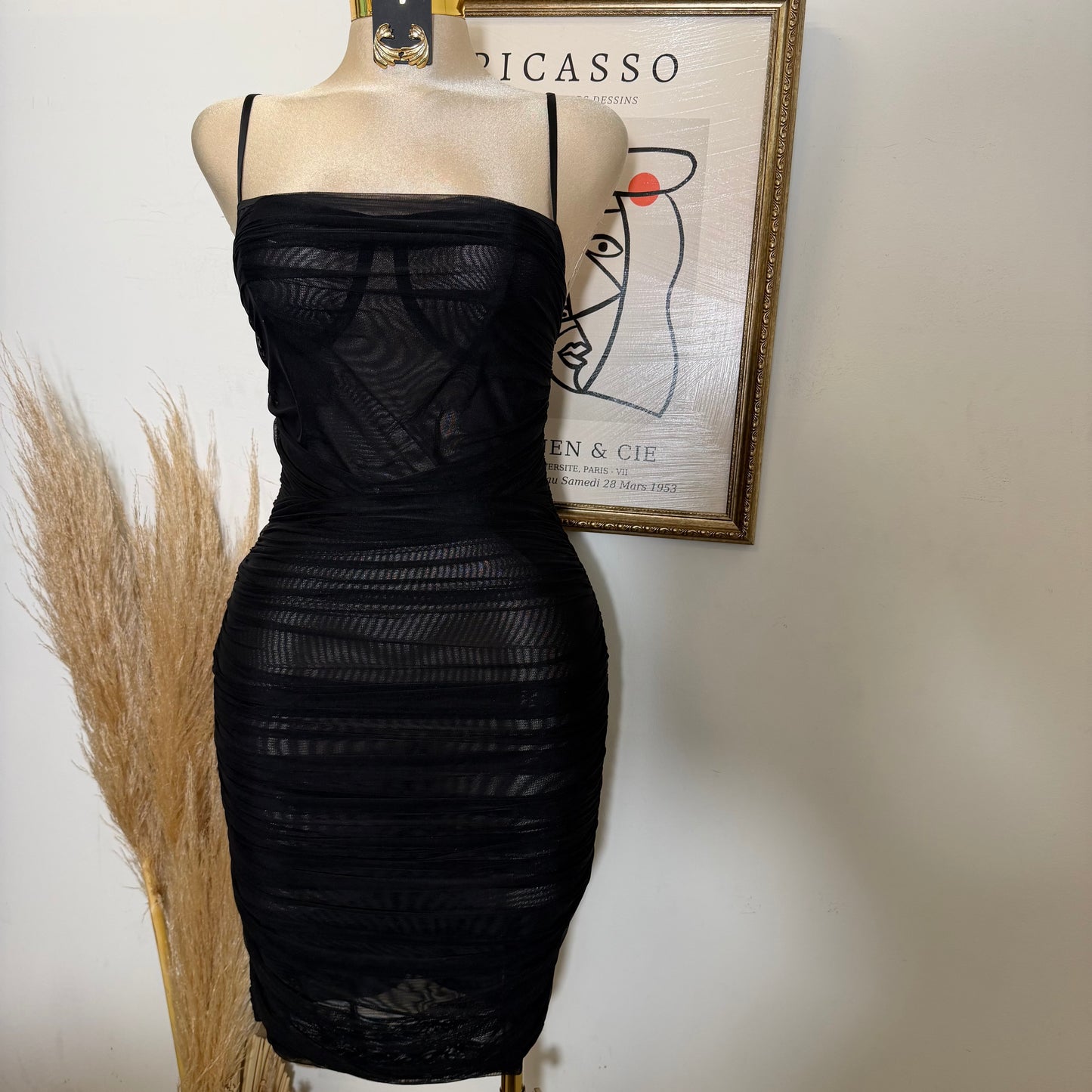 Ruched Mesh Bodycon Midi Dress-Black