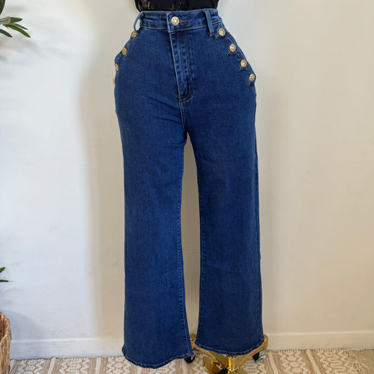High Waisted Jeans Button On the Side -Denim Blue