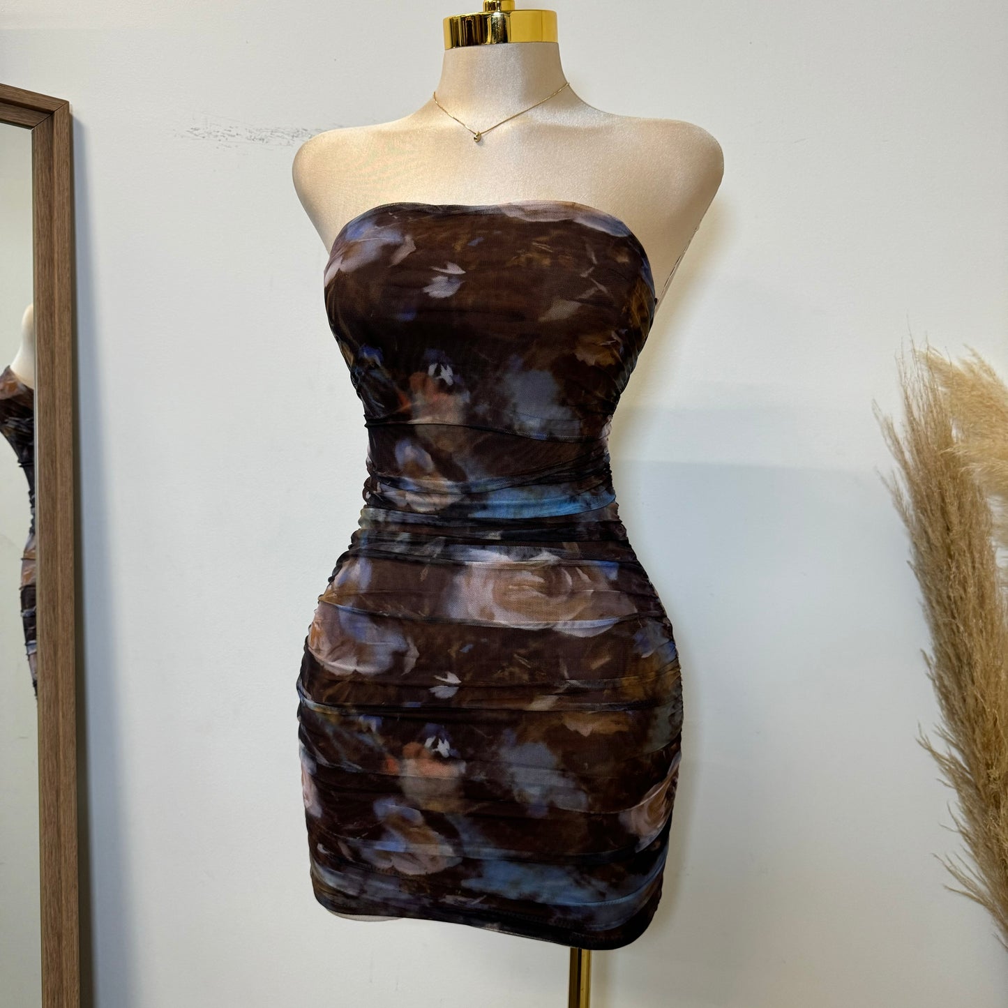 Floral Print Mesh Tube Mini Dress-Brown