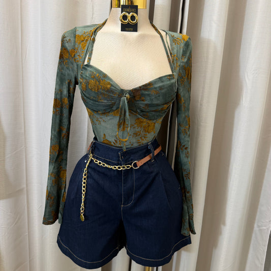 Floral pattern Long sleeve Mesh Top-Sage green