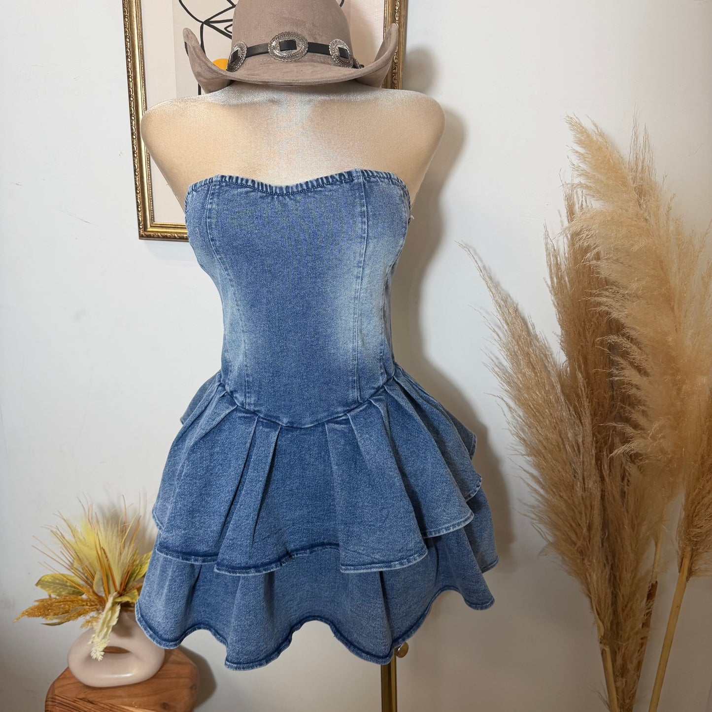 Strapless Denim Flare Dress-Denim