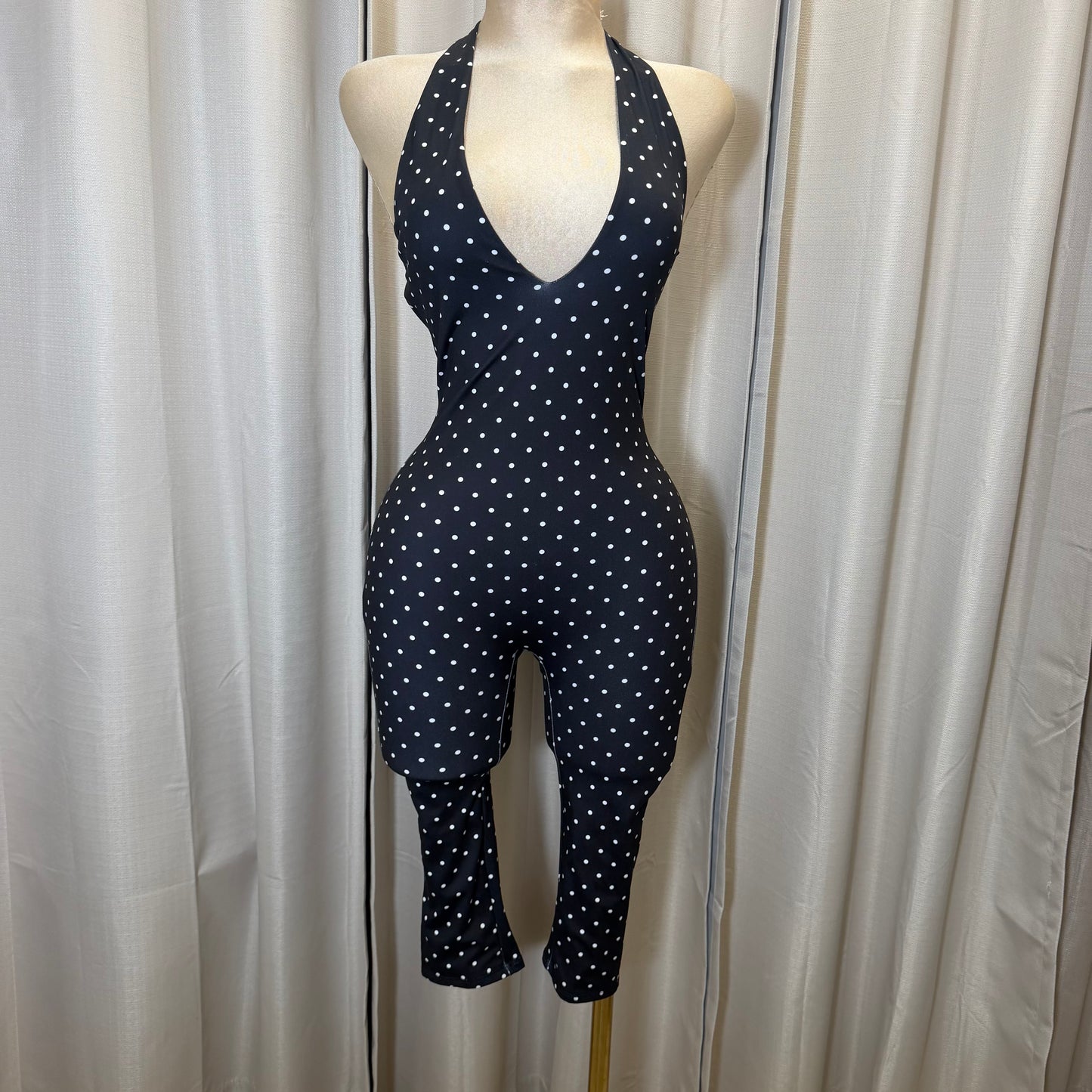 Halter Polka Dot Jumpsuit-Black/white
