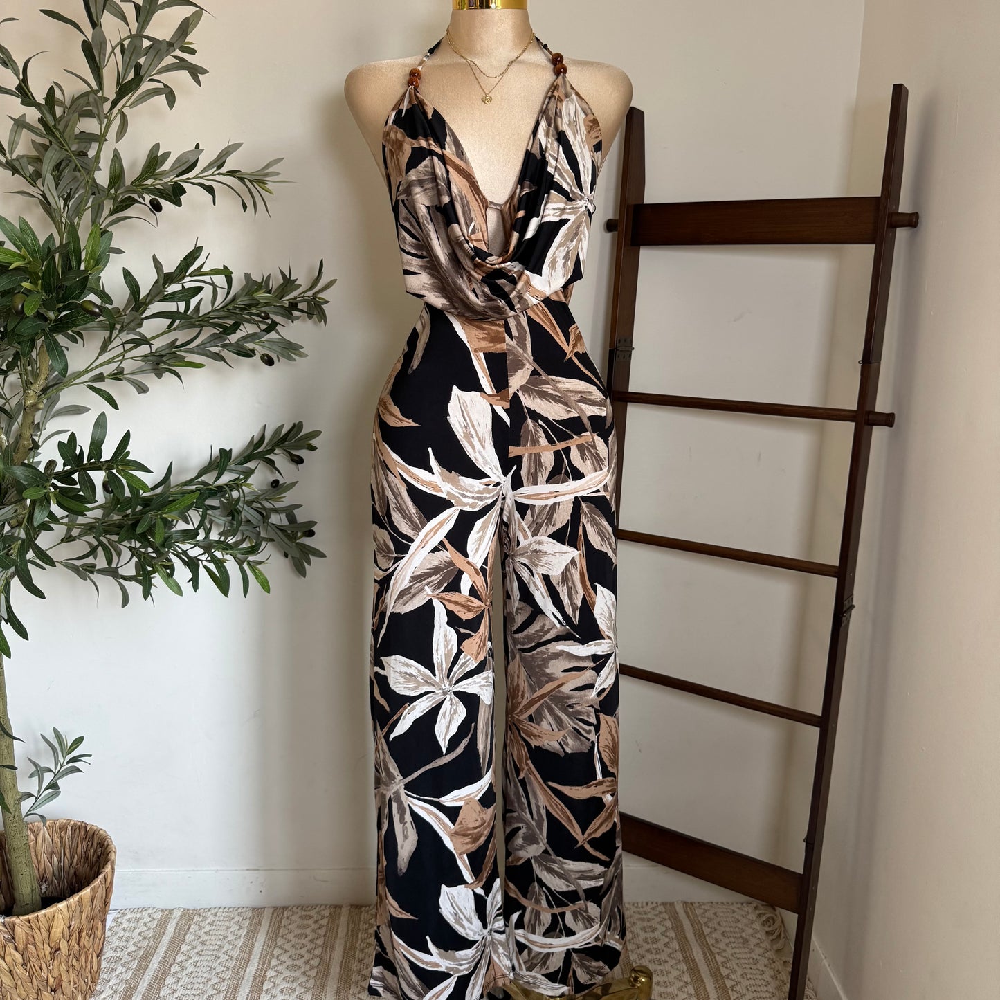Bead Cowl Neck Halter Jumpsuit-Leaf Print