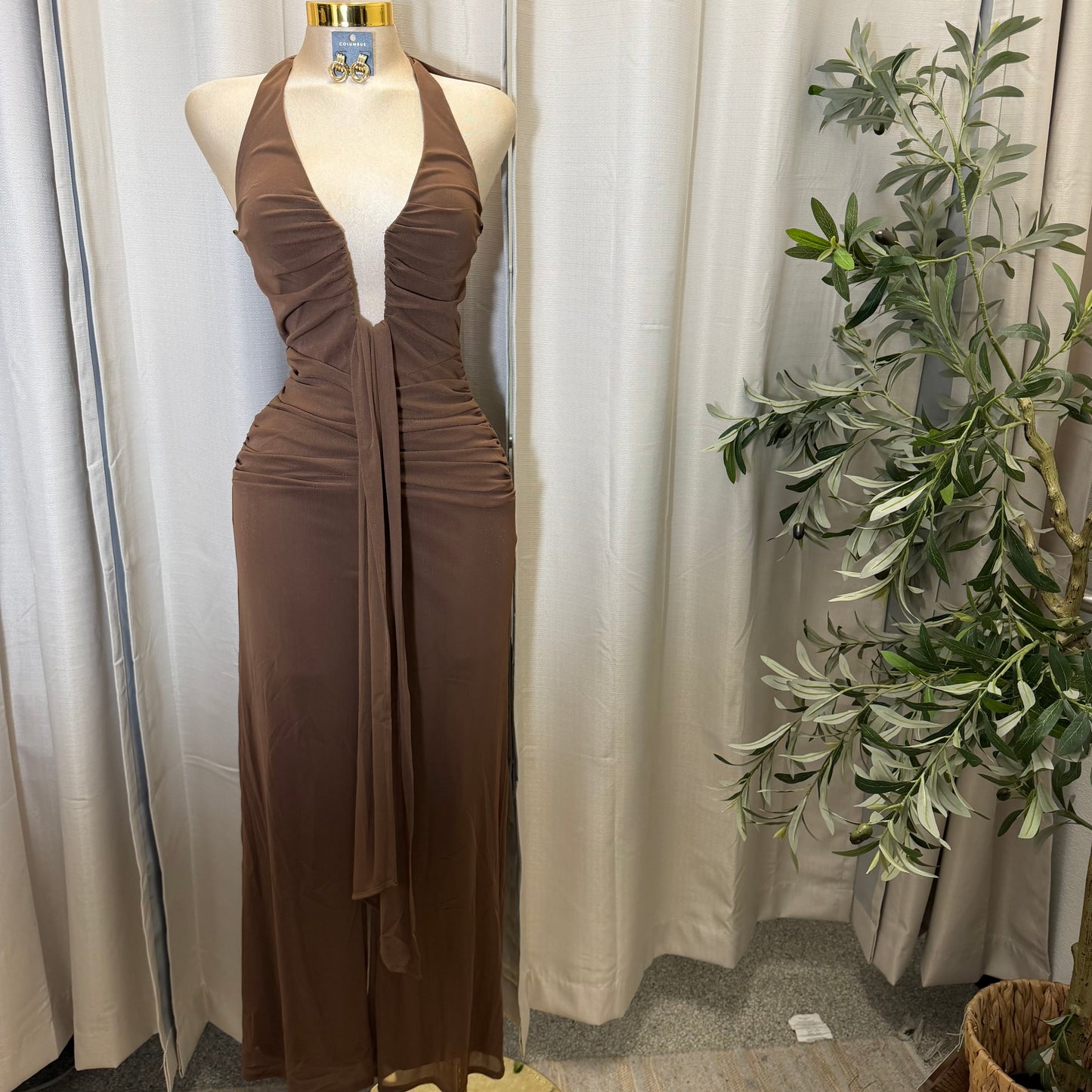 HALTER NECK WIRE WITH SASH JUMPSUIT-Brown
