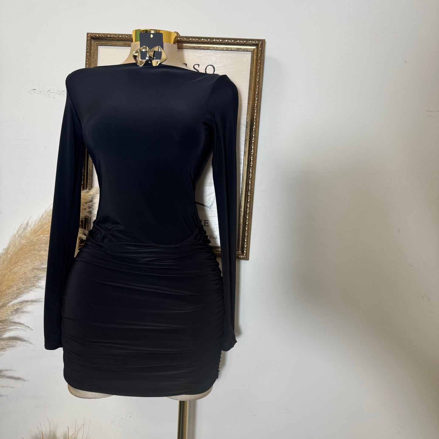Long Sleeve Ruched Mini Dress-Black