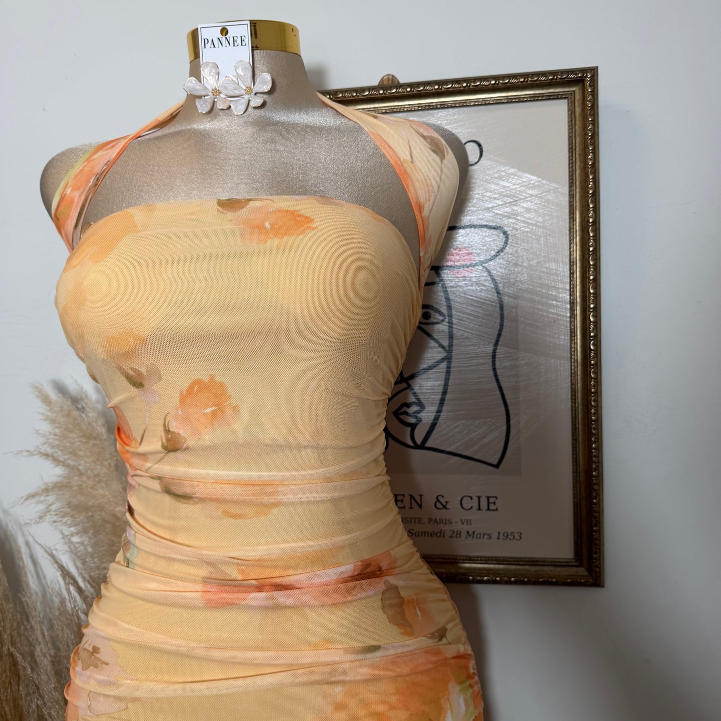 Printed Mesh Strapless Ruched Asymmetric maxi Dress-Peach Orange