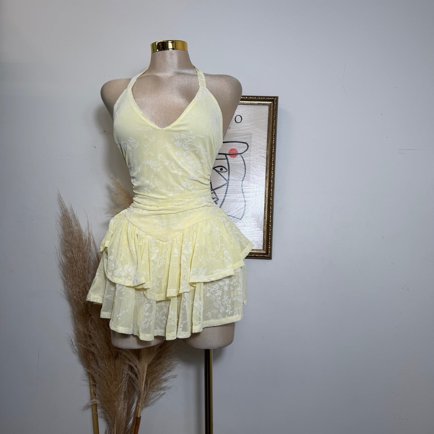 Floral Halter Double Layer Ruffle Mini Dress-Yellow