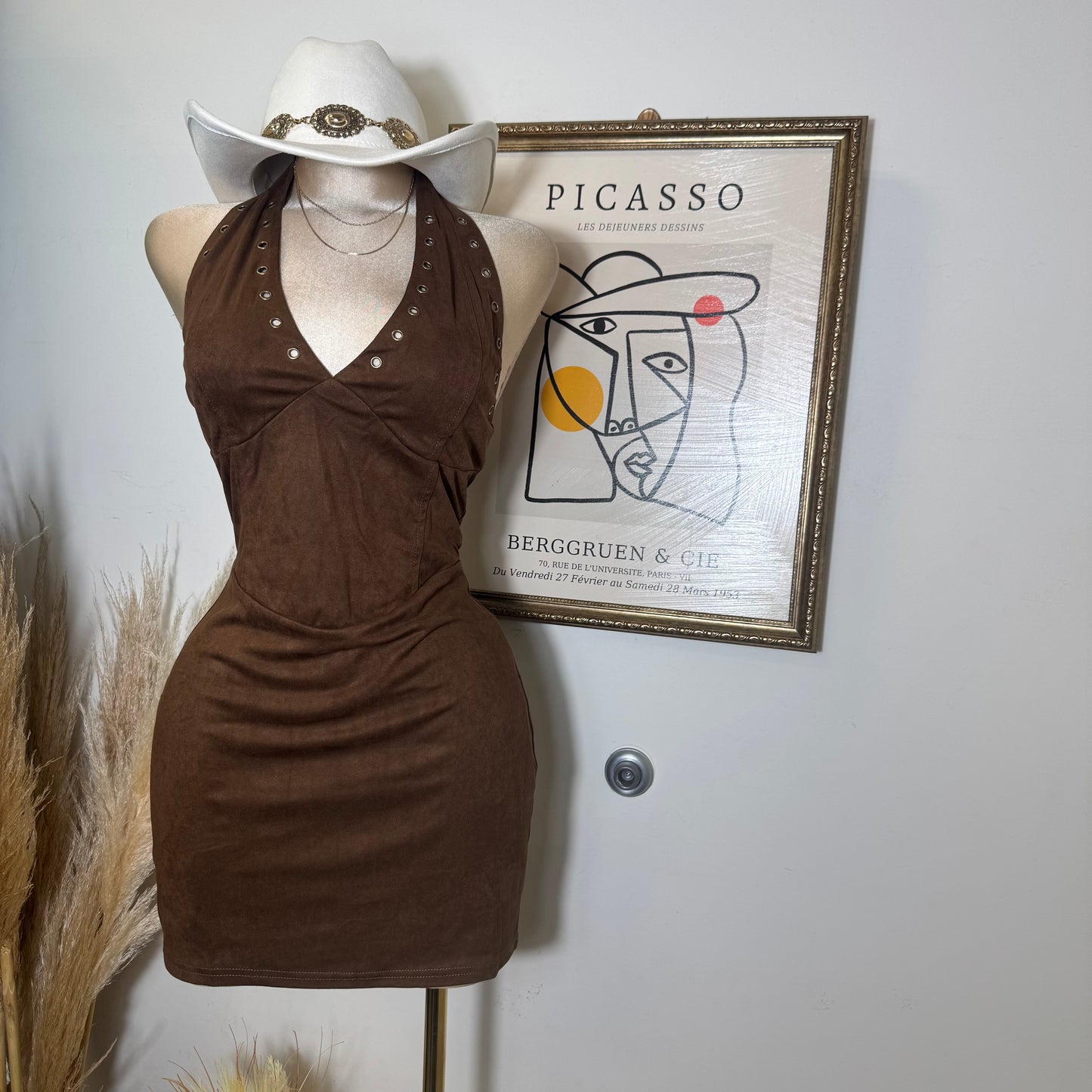 Western Suede Halter Dress-Brown