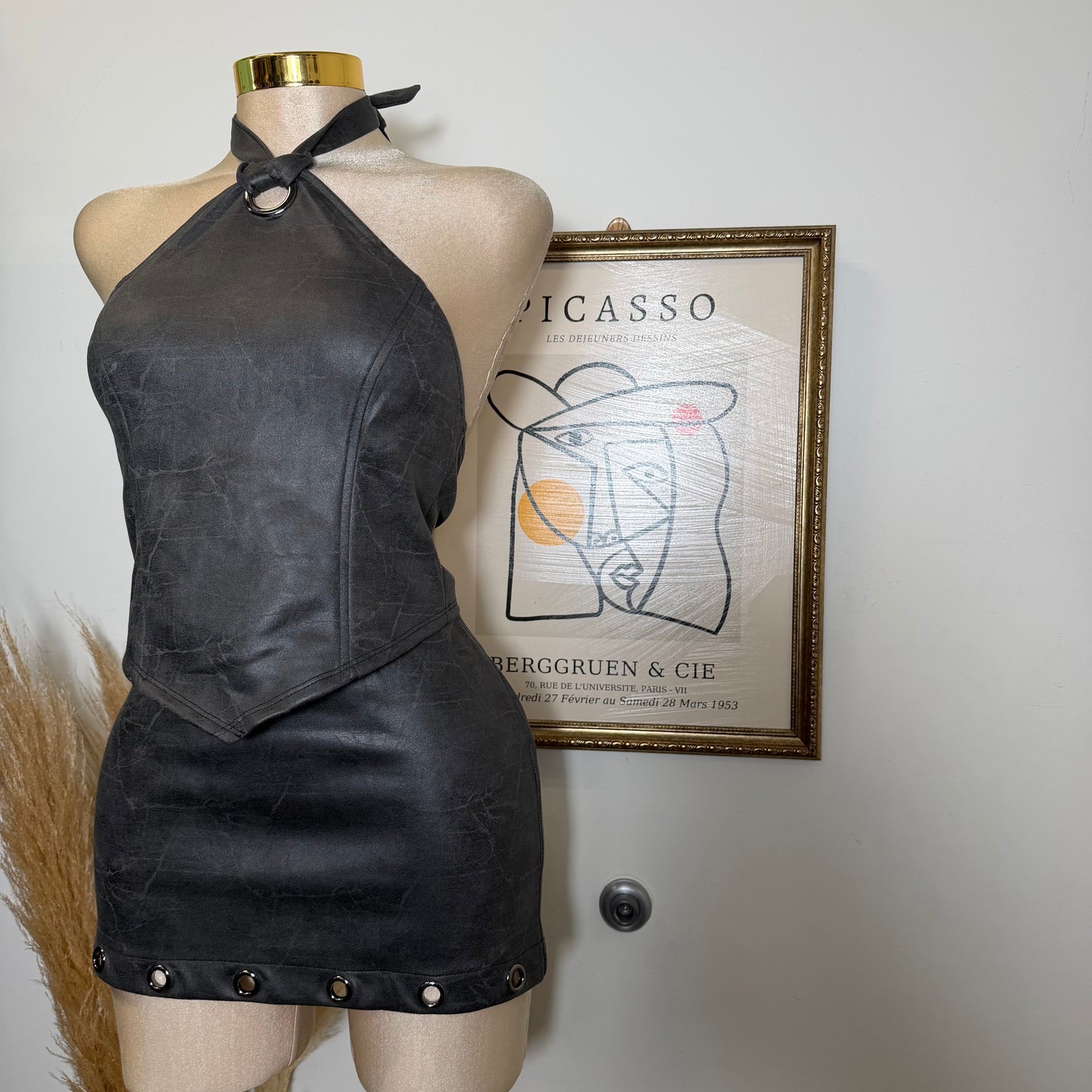 Halter Top and Mini Skirt Set with lace up back -Charcoal