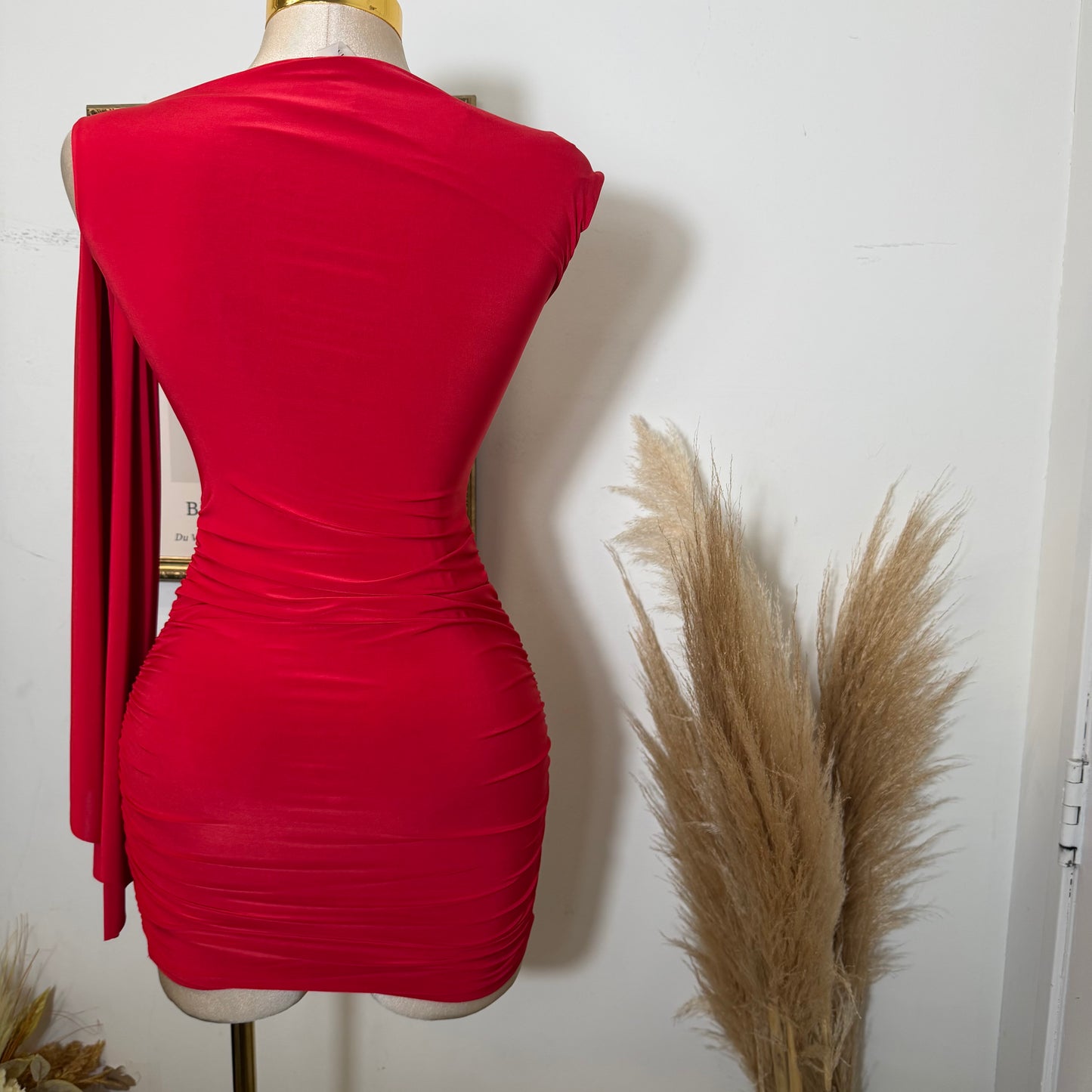 Off Shoulder Ruched Side Tie Mini Dress-Red