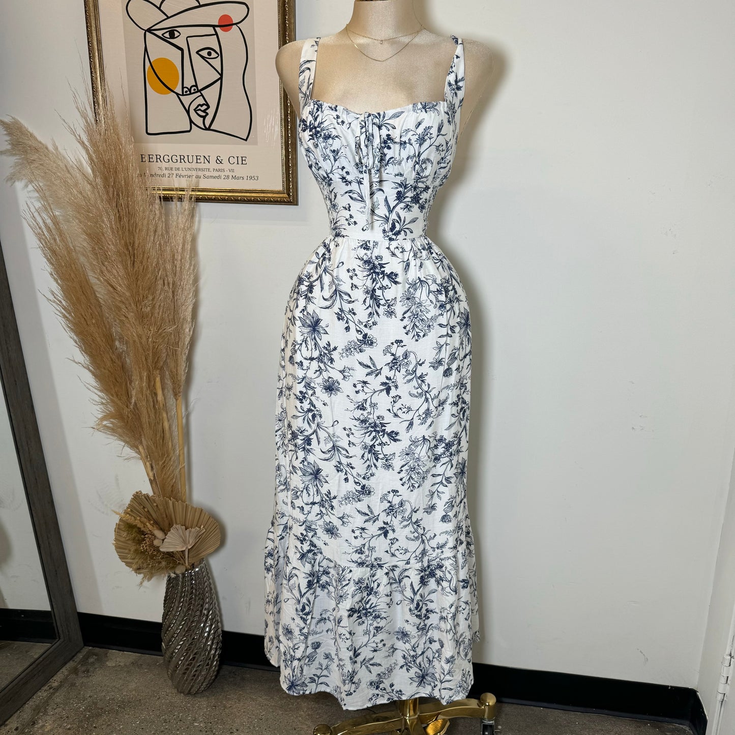 Picnic Corset Maxi  Dress-Blue/White