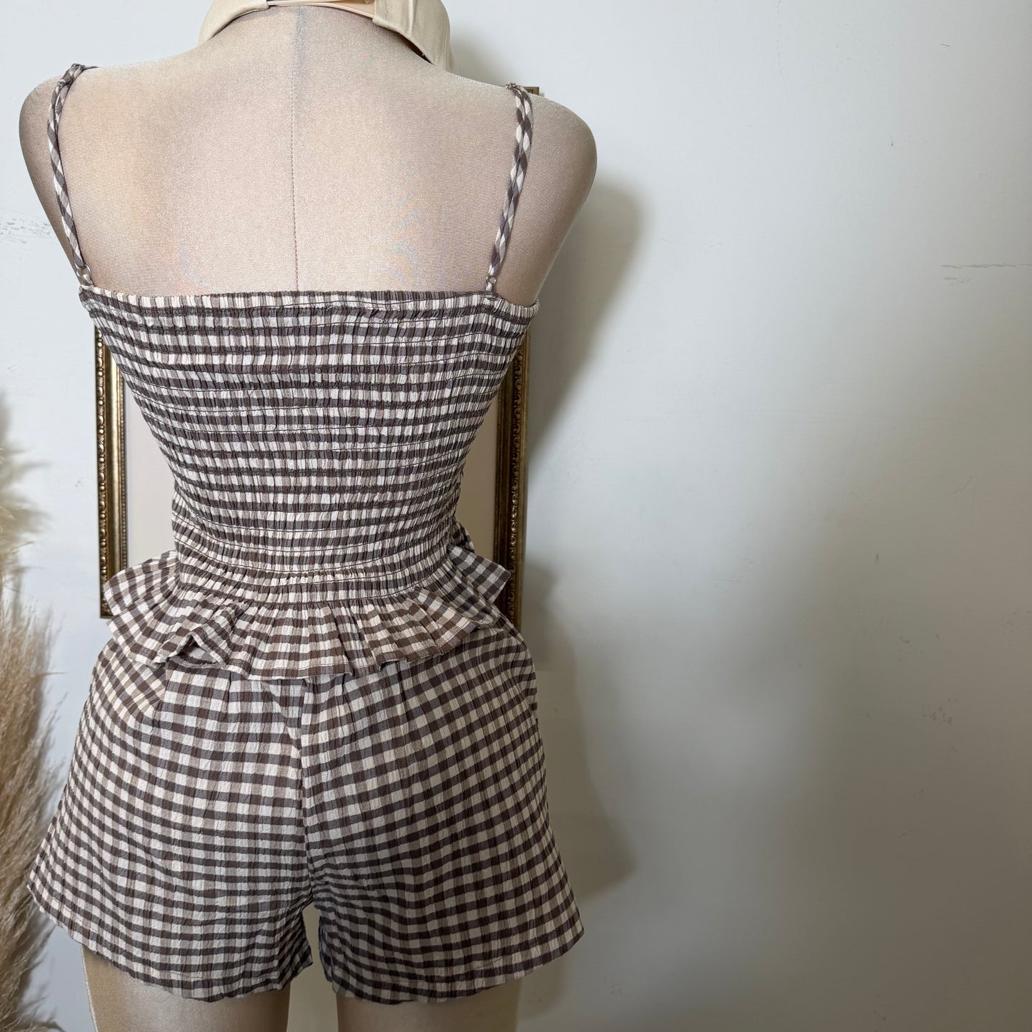 Smocked Gingham Peplum Short Two piece set-Mocha