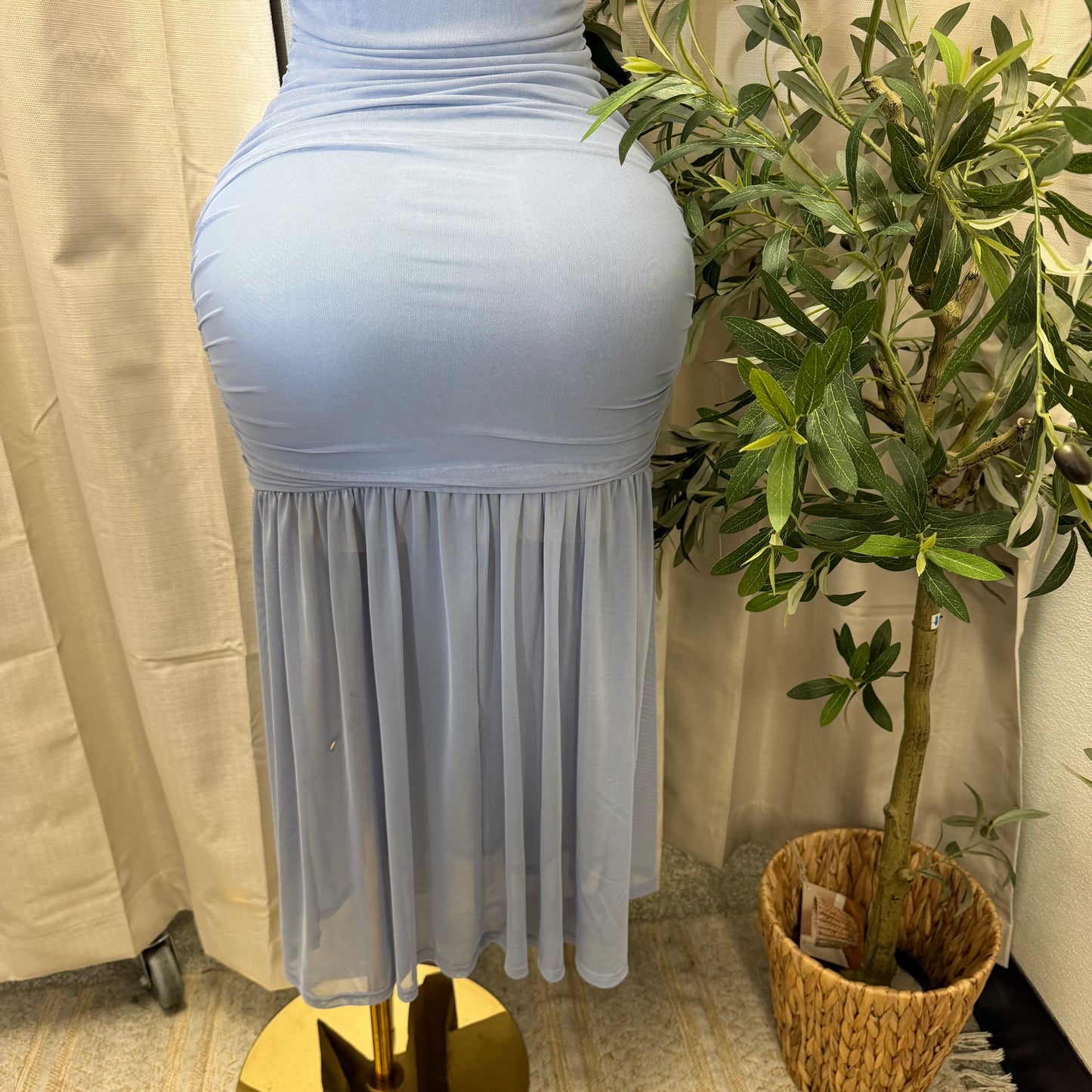 Mesh & Knit Mix Long Dress-Light Blue