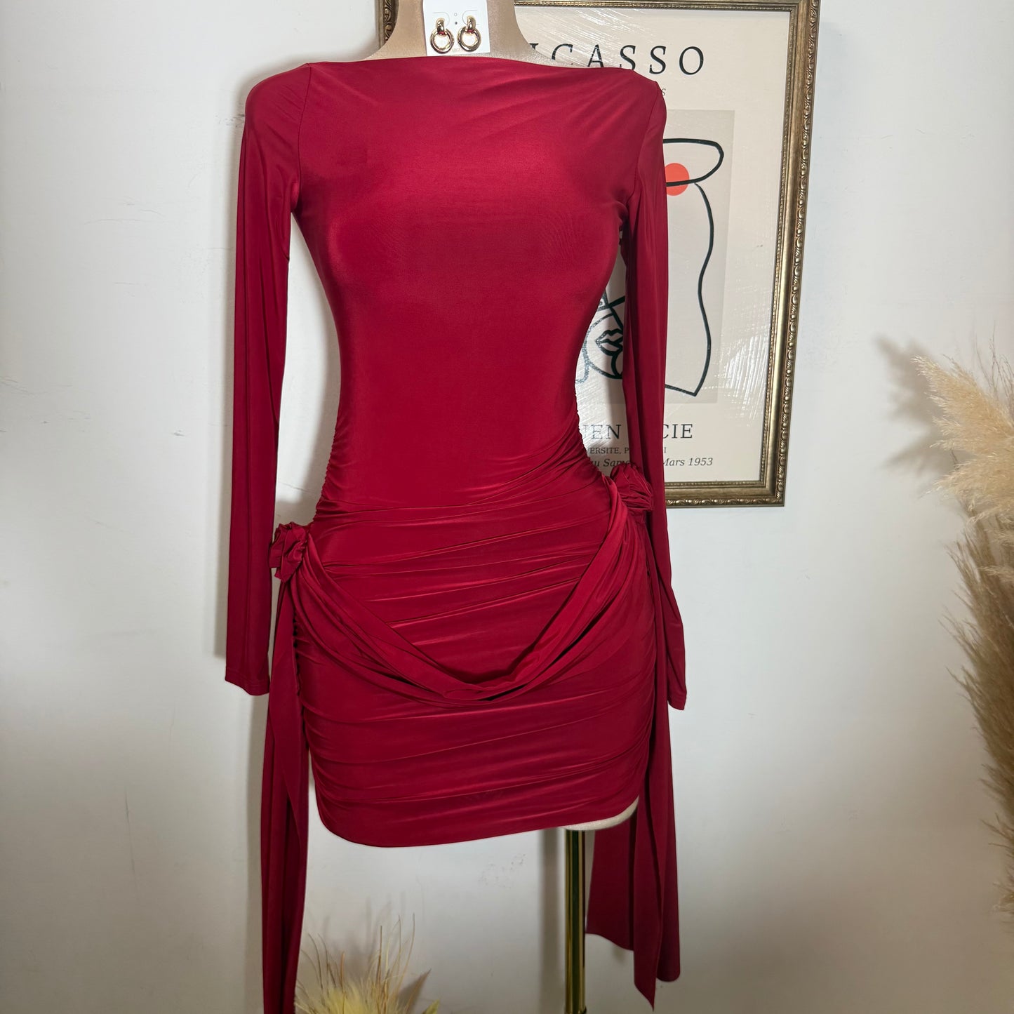 Long Sleeve Ruched Mini Dress-Dark Red