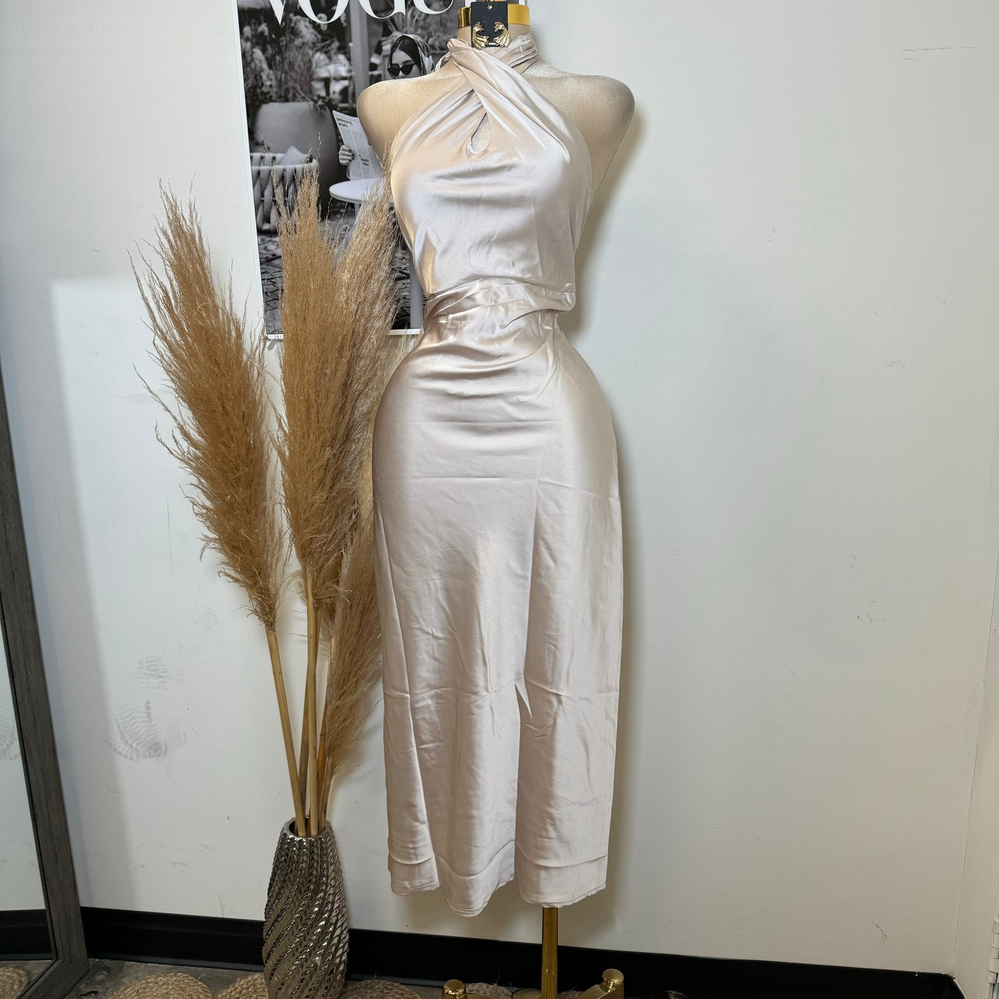 Silky Halter Dress-Champagne