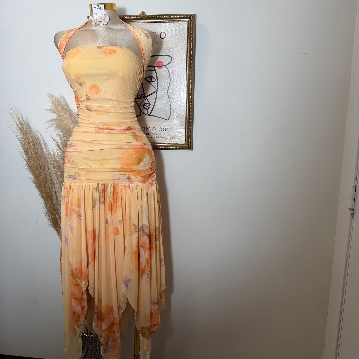 Printed Mesh Strapless Ruched Asymmetric maxi Dress-Peach Orange