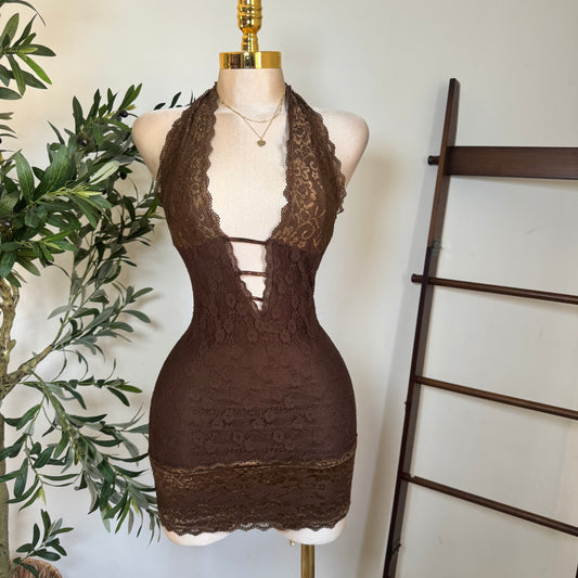 Sexy Lace Mini Dress-Brown