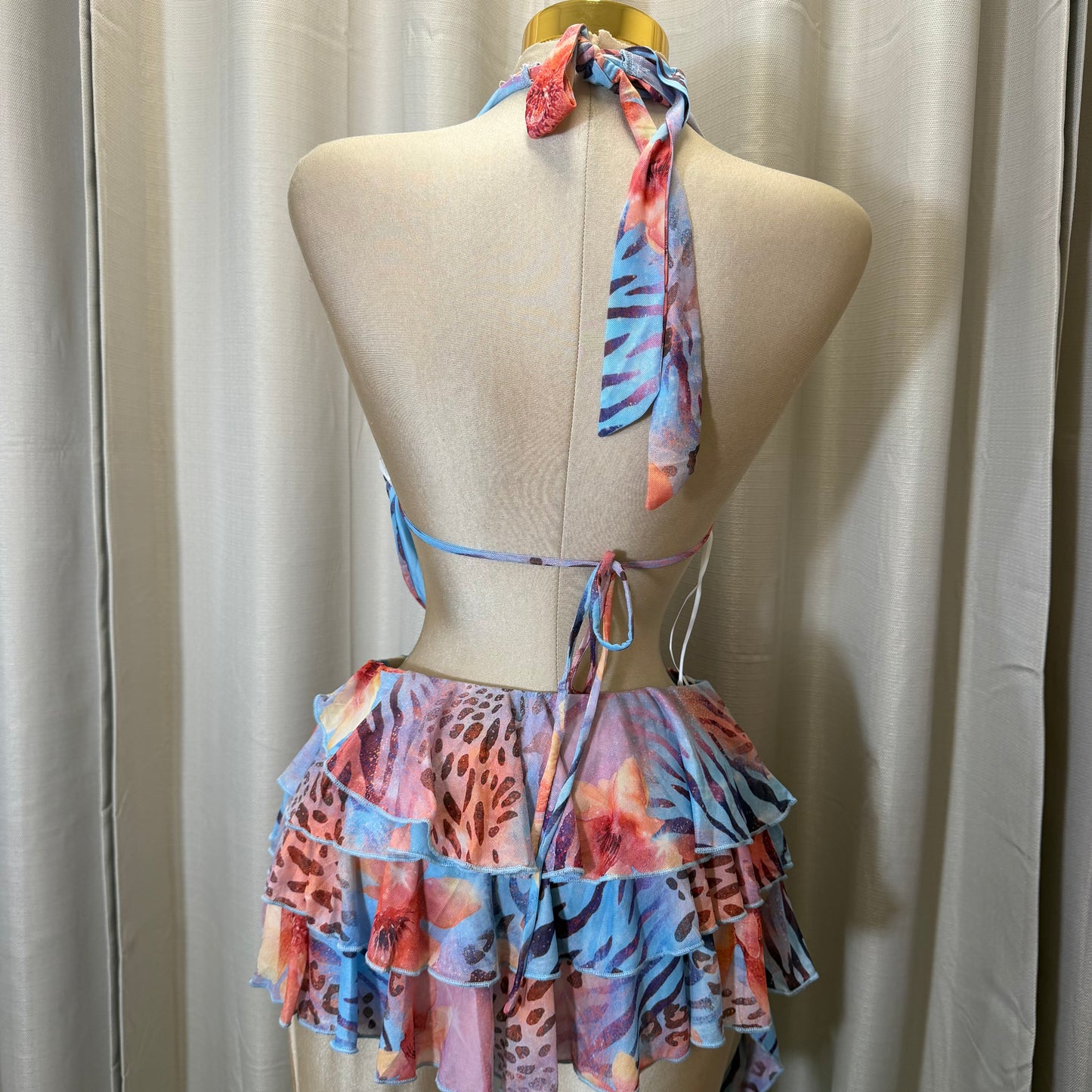 Cowl Neck Top and Mini Skirt-Blue