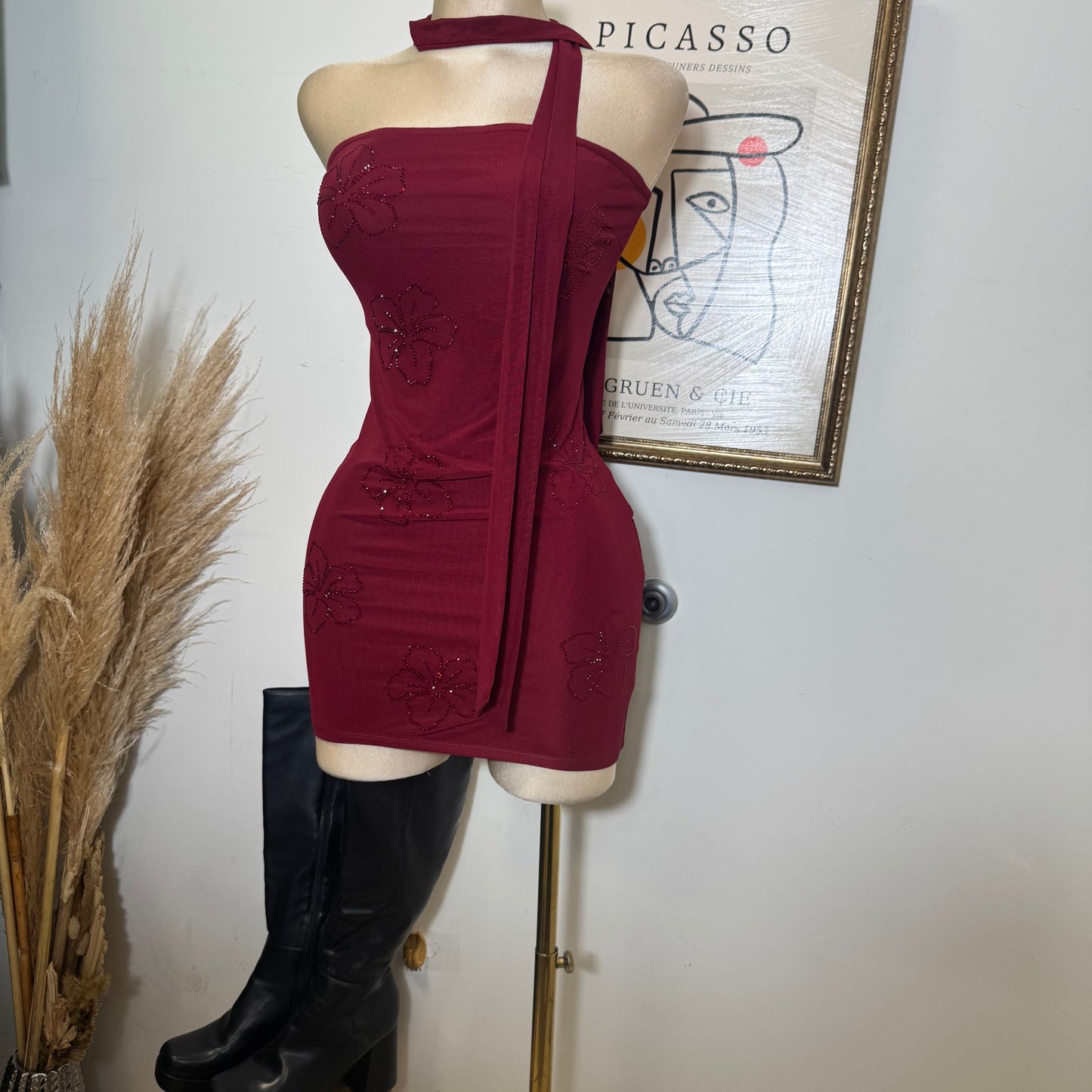 Tube Mini Dress With Scarf-Burgundy