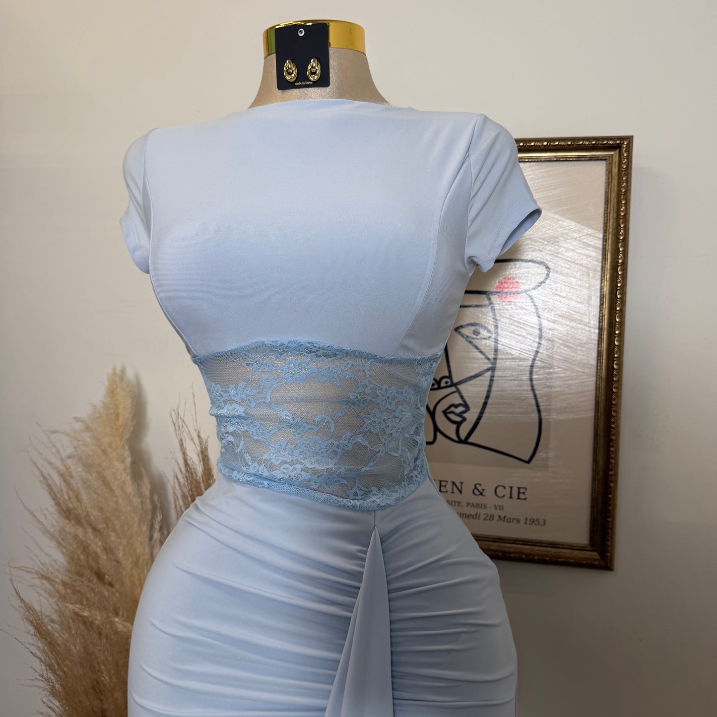 Lace Waist Contrast Midi Dress-Baby Blue
