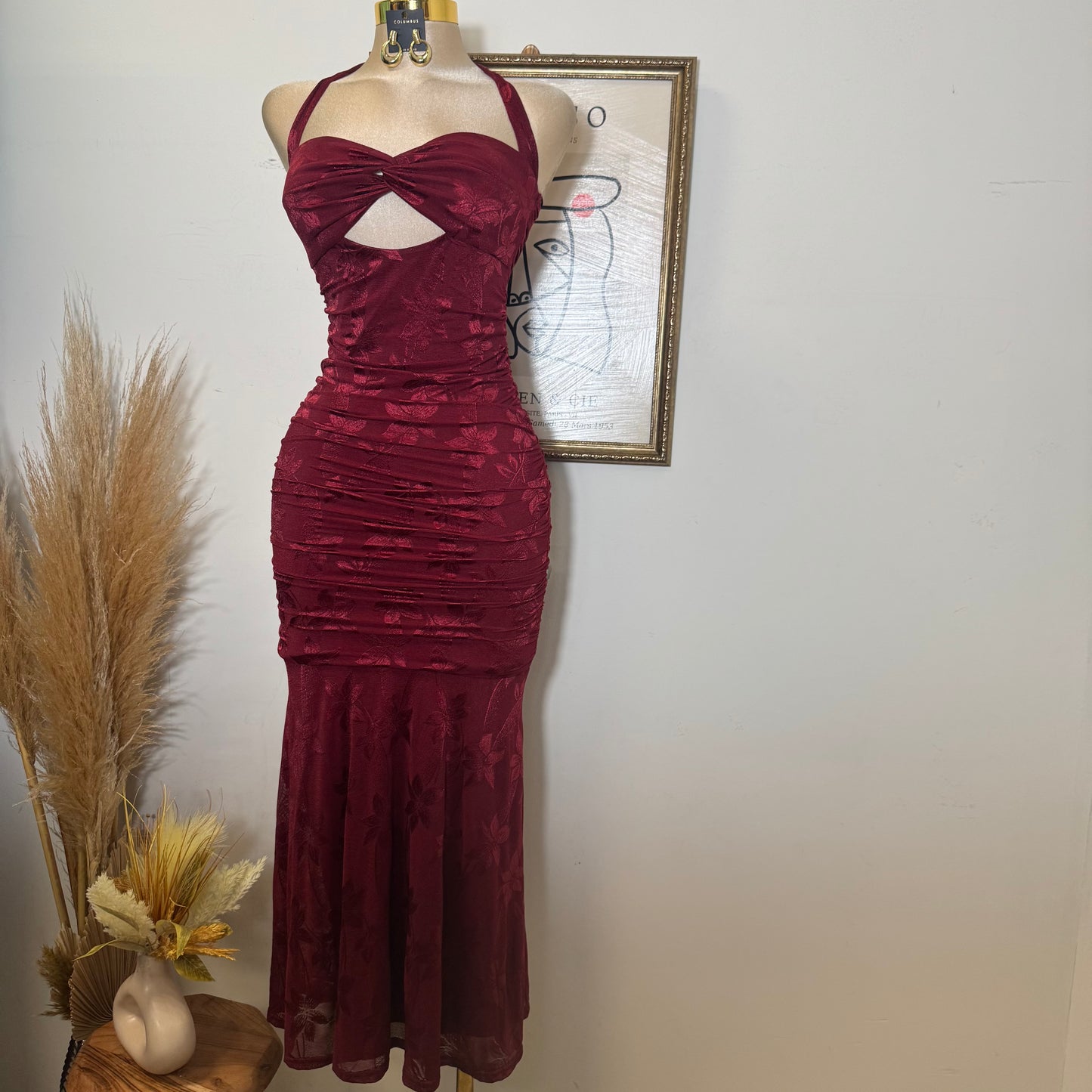 Trim accent Midi Dress-Wine