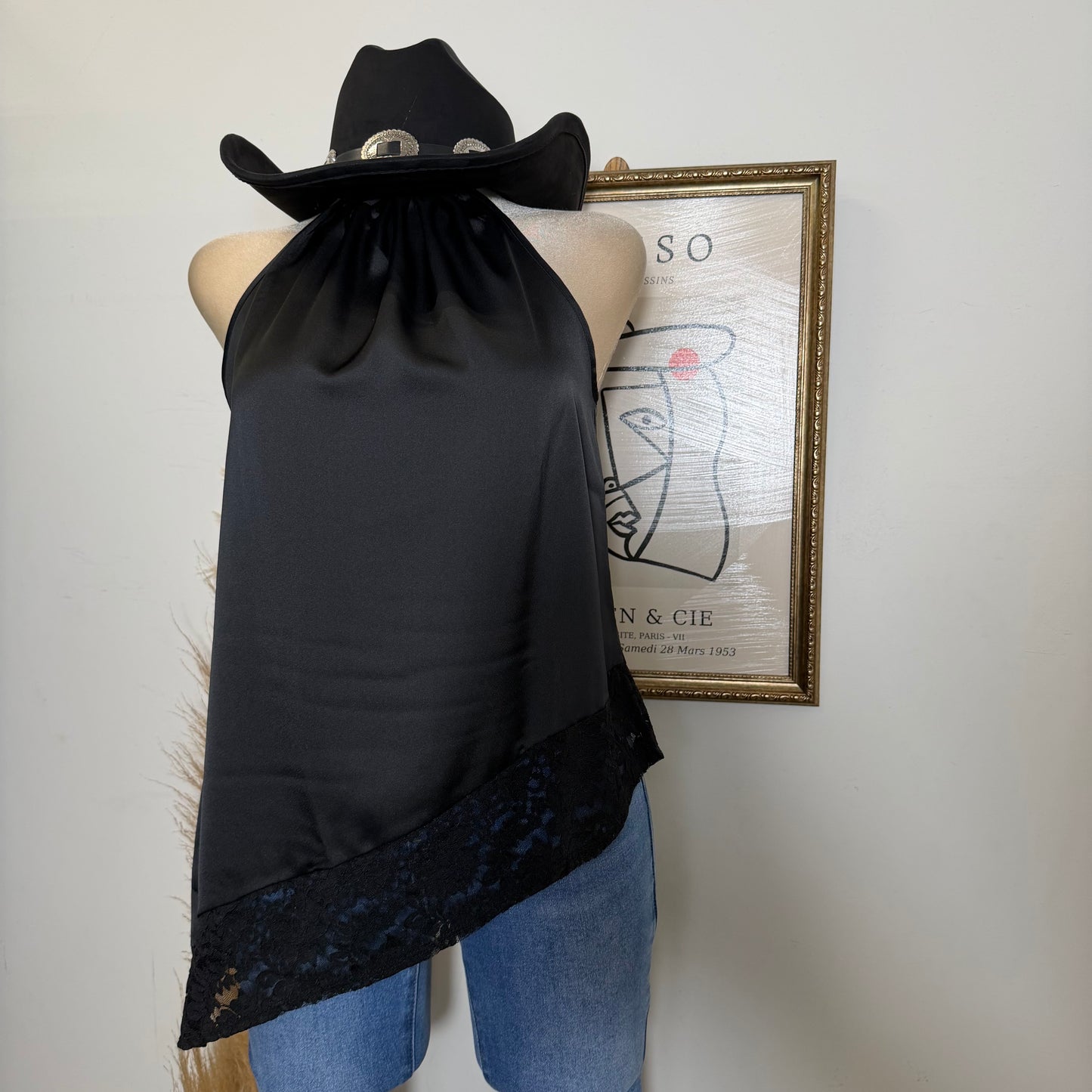 Satin Lace Asymmetrical Top-Black