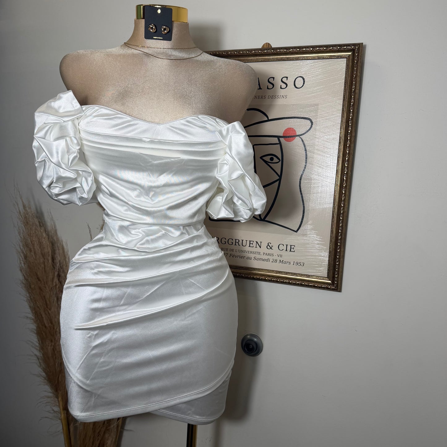 Satin Off Shoulder Dress-White