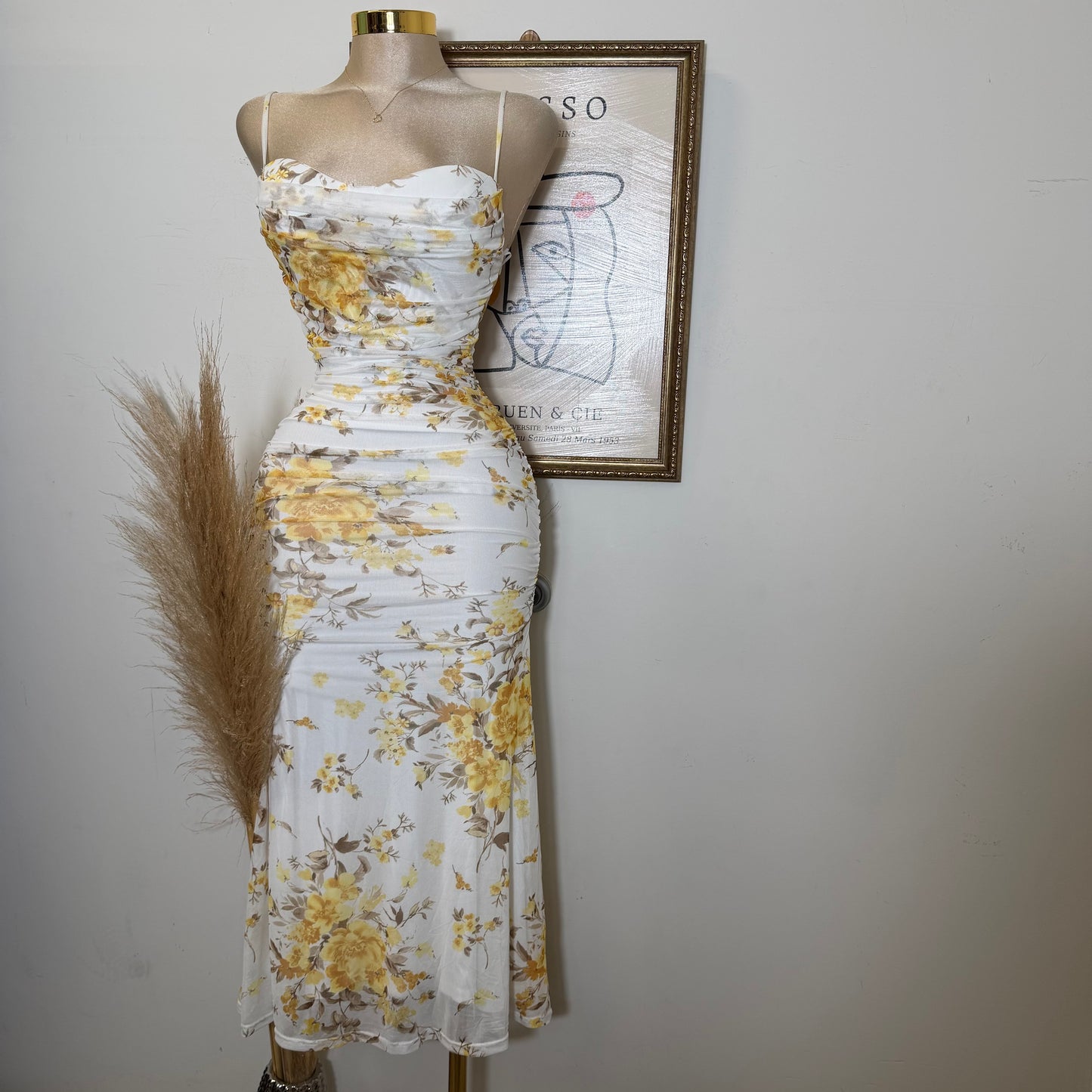 Mesh Print Midi Dress-Yellow Floral
