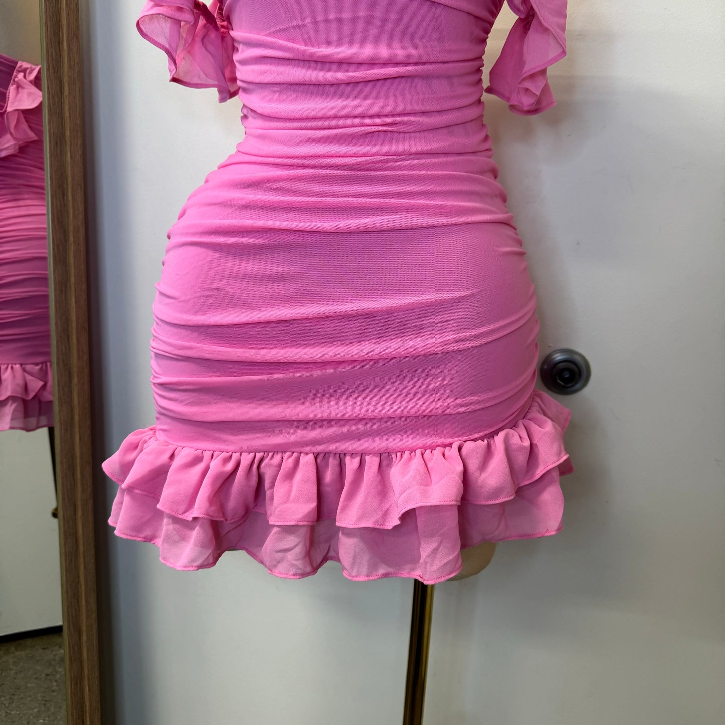 Annalise  Off Shoulder Mesh Asymmetrical Ruffle Hem Dress-Pink