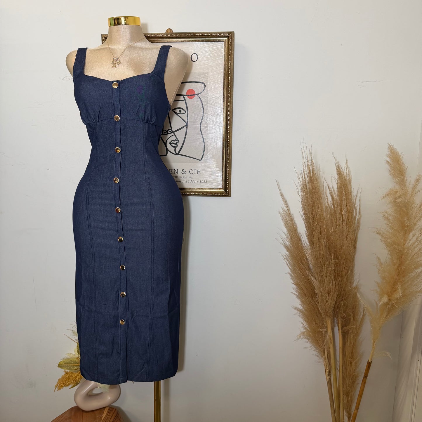 Button-Front Fitted Midi Dress-Indigo