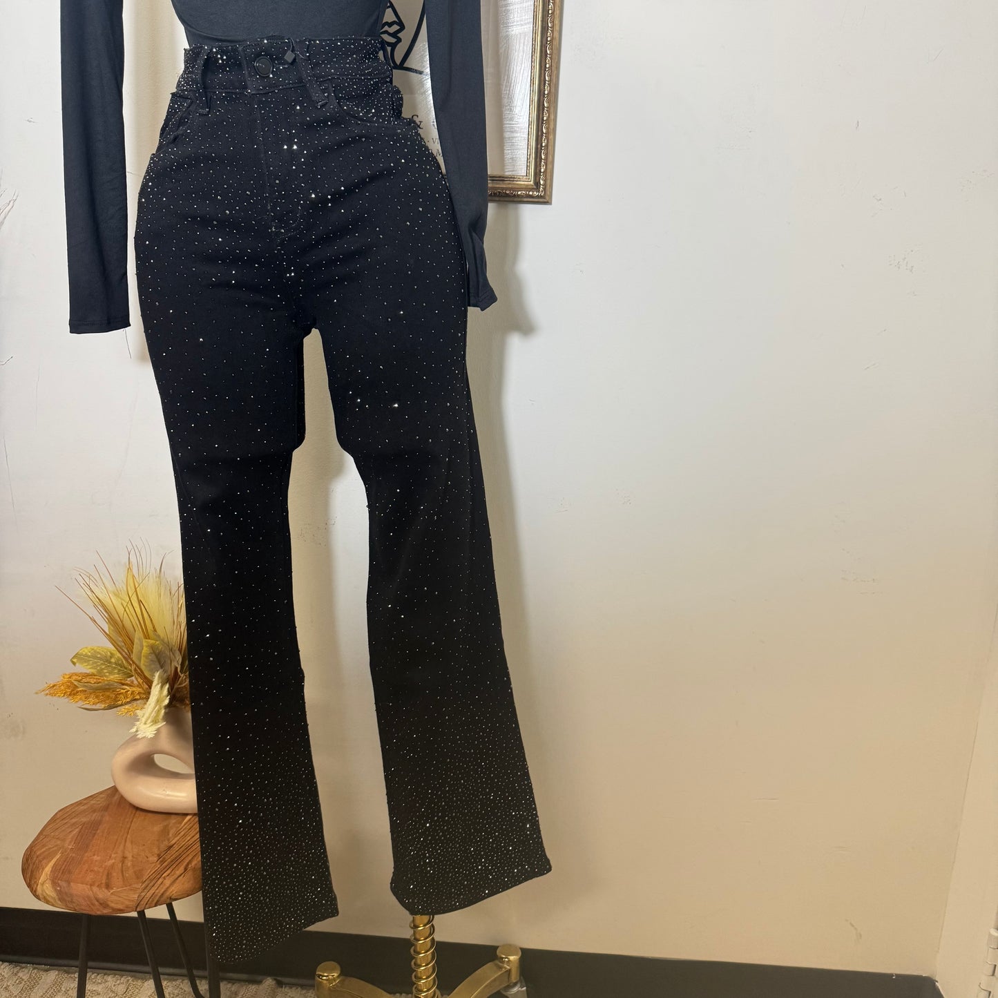Nye Rhinestone Flare Pants-Black