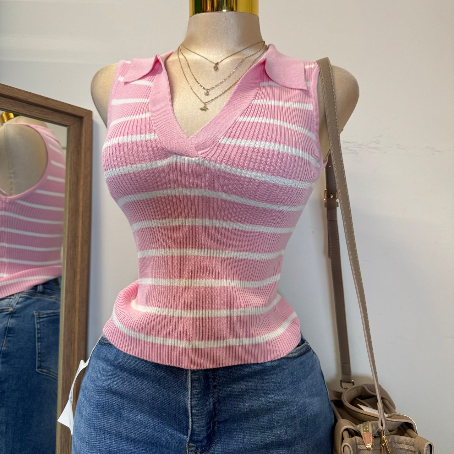 Ribbed V-Neck Tank Top -Pink/White