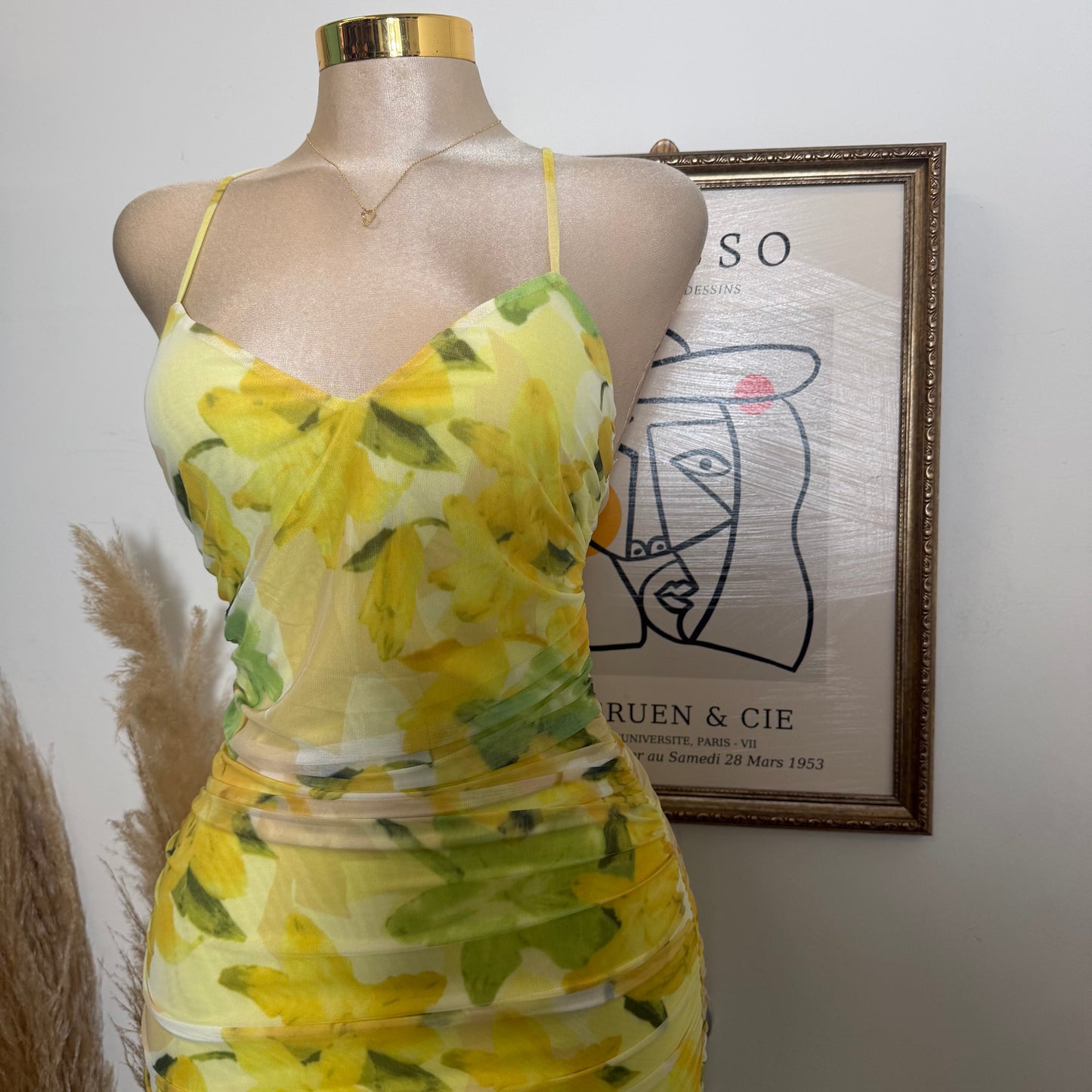 Mesh Print Midi Dress-Lemon