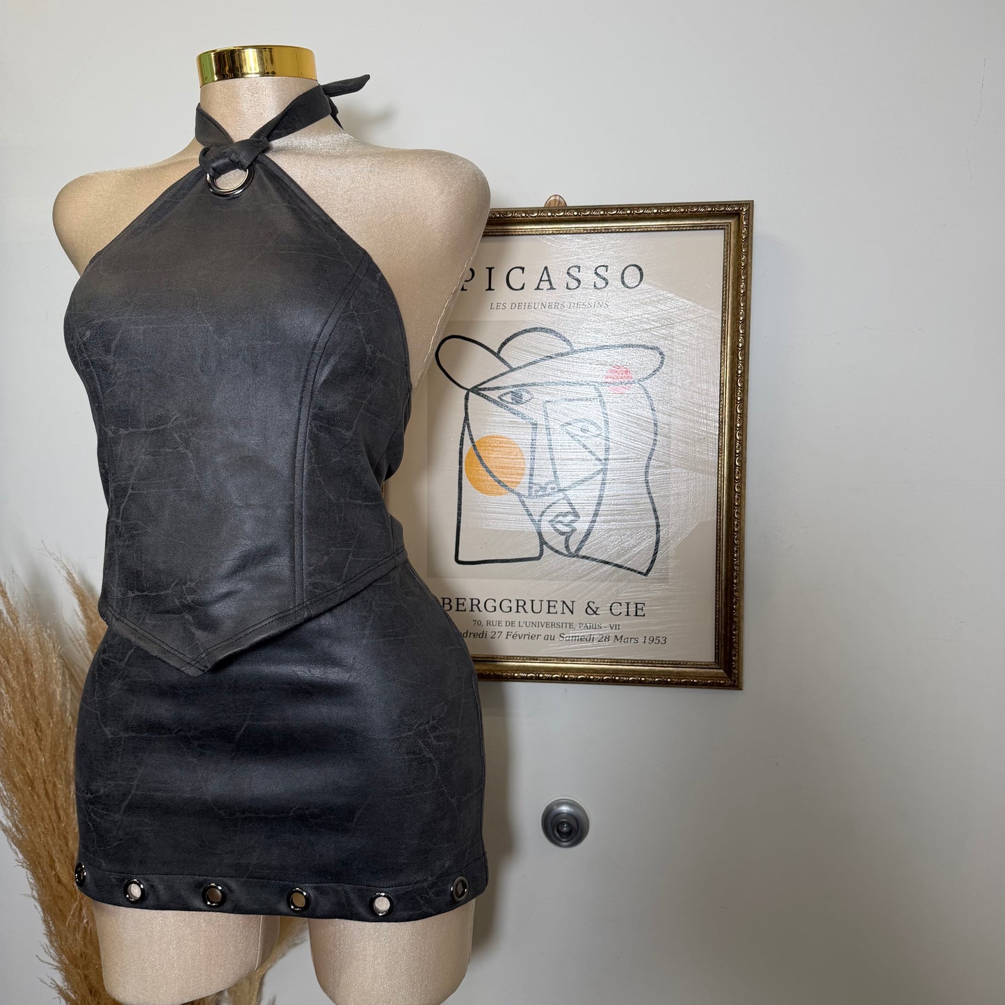Halter Top and Mini Skirt Set with lace up back -Charcoal