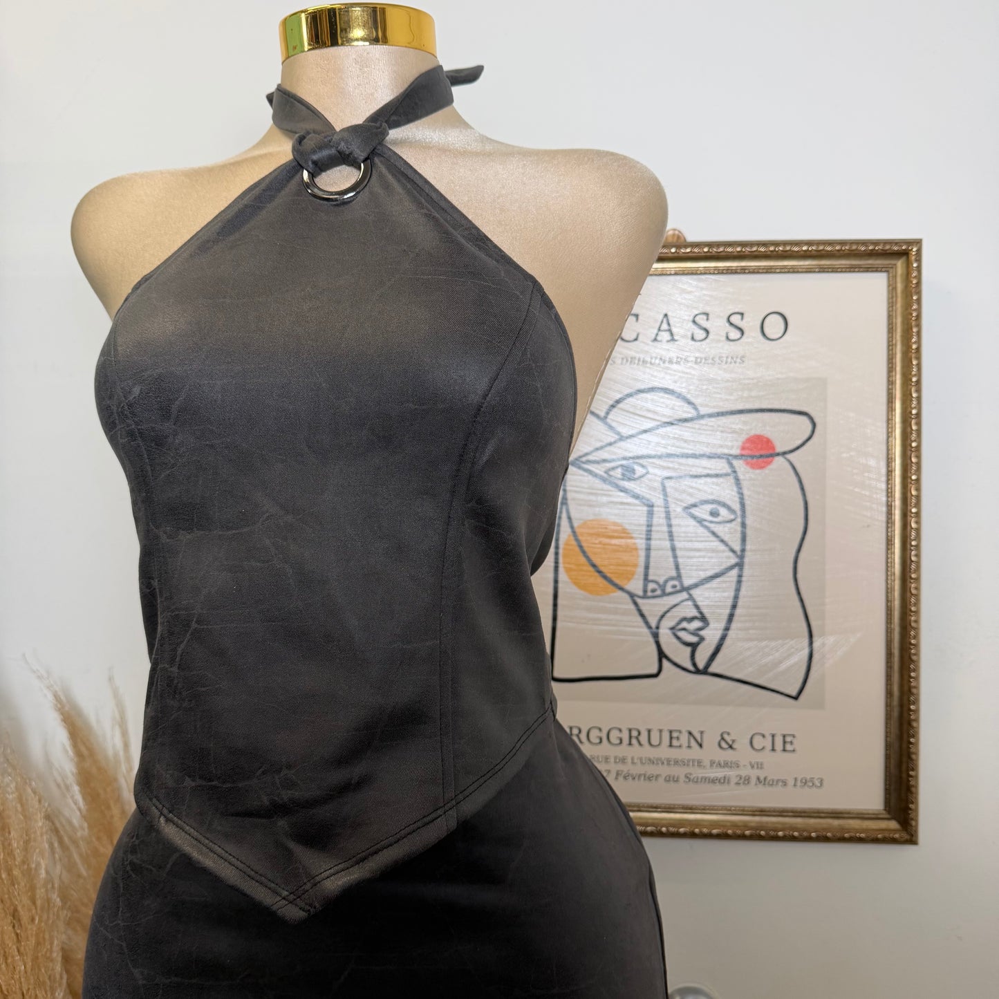 Halter Top and Mini Skirt Set with lace up back -Charcoal