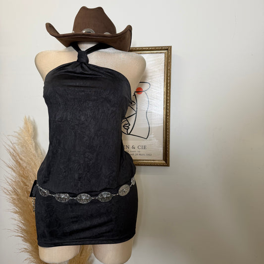 Knot Halter Blouson Bodycon Mini Dress-Black