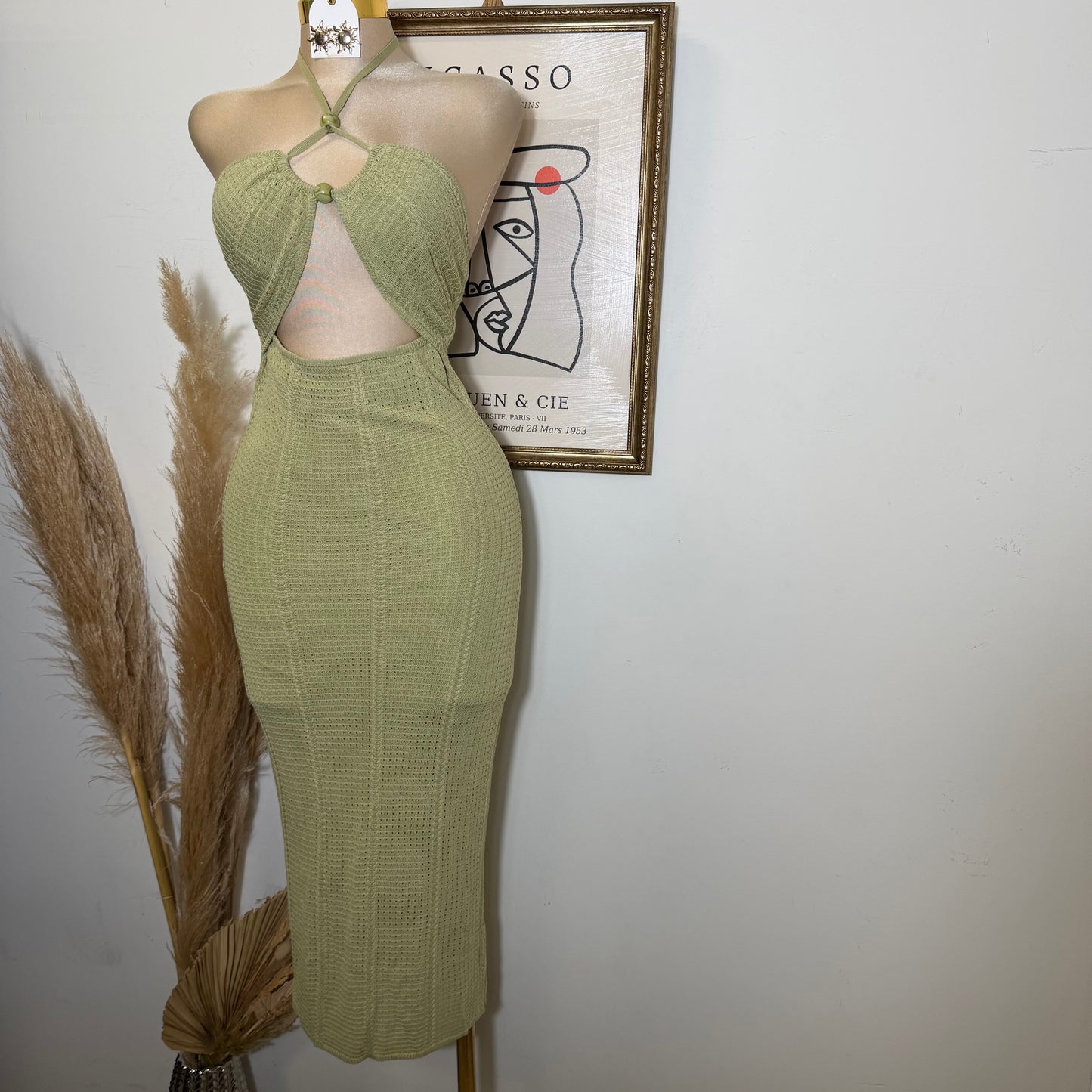 Textured Fabric Stone Trim Halter Midi Dress-Sage