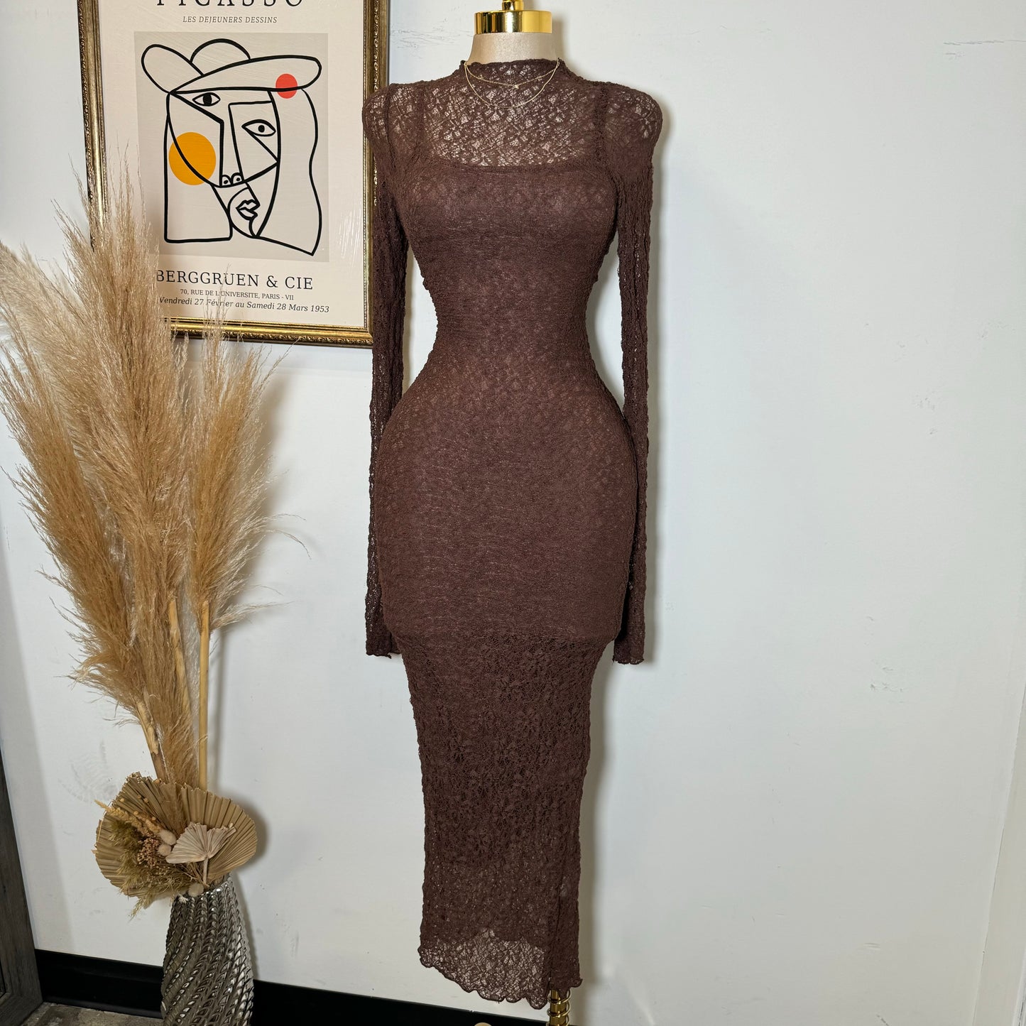 Lace Long Dress-Mocha