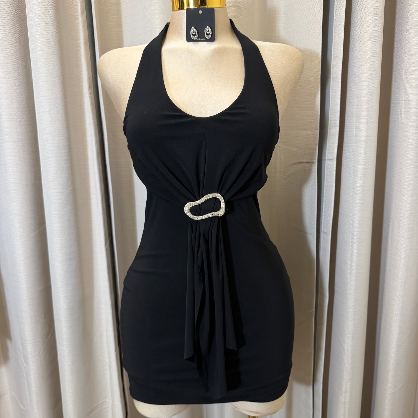 Halter Buckle Drape Mini Dress-Black